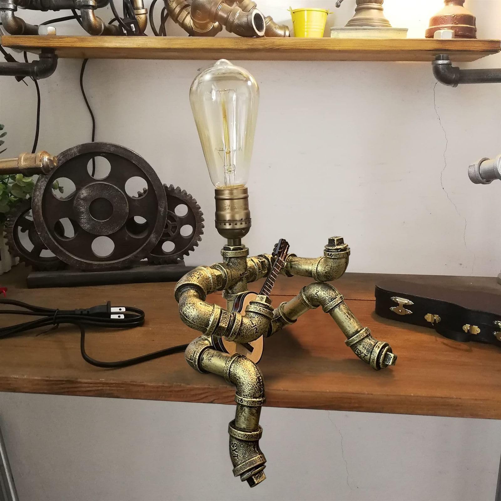 WIBOTA Steampunk Guitar Table Lamp - Retro Industrial Metal Design, Bronze with Guitar & Lights