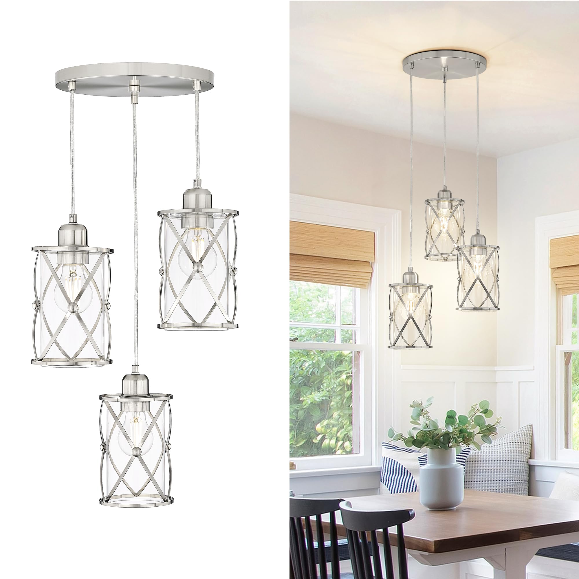 Osimir 3-Light Brushed Nickel Chandelier With Clear Glass For Dining Room & Kitchen Island