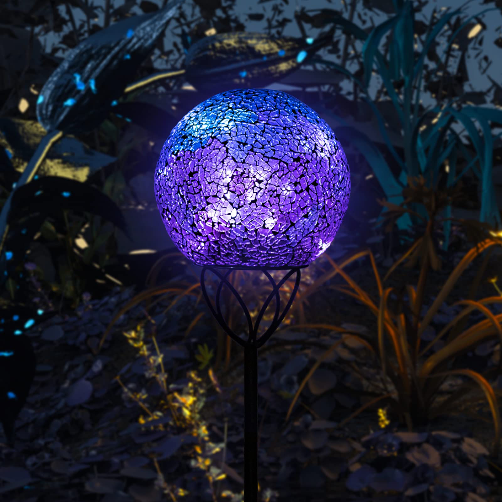Vcuteka Mosaic Solar Garden Lights - Waterproof Glass Ball Led Stake Light, Purple, 6 Inch