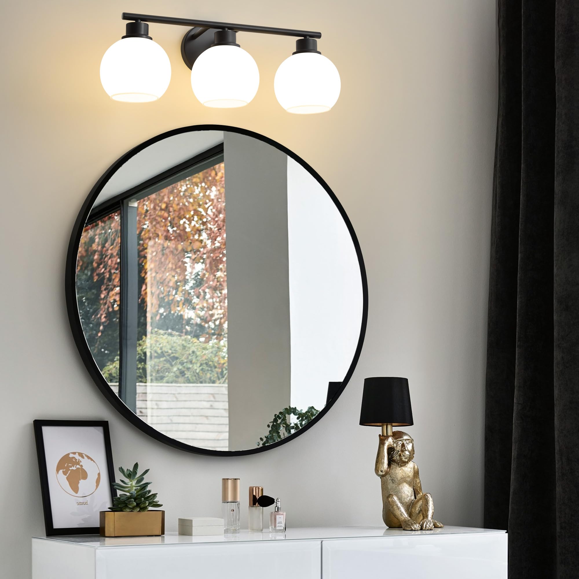 Lanmate Bathroom Vanity Light Fixture, 3-Light Over Mirror, Milk White Glass Shade, 21.65 inch, Matte Black, Mid Century Sconce