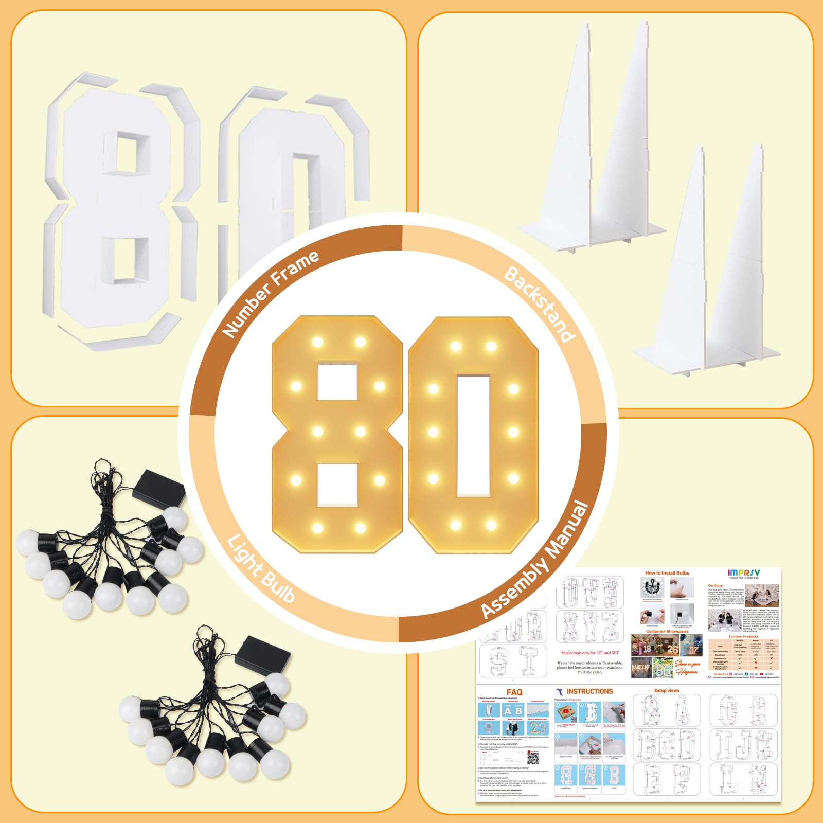 imprsv 4FT Light Up Numbers 80th Birthday Decor Foam Board - Marquee Decorations for Anniversary Party - Large Number 80