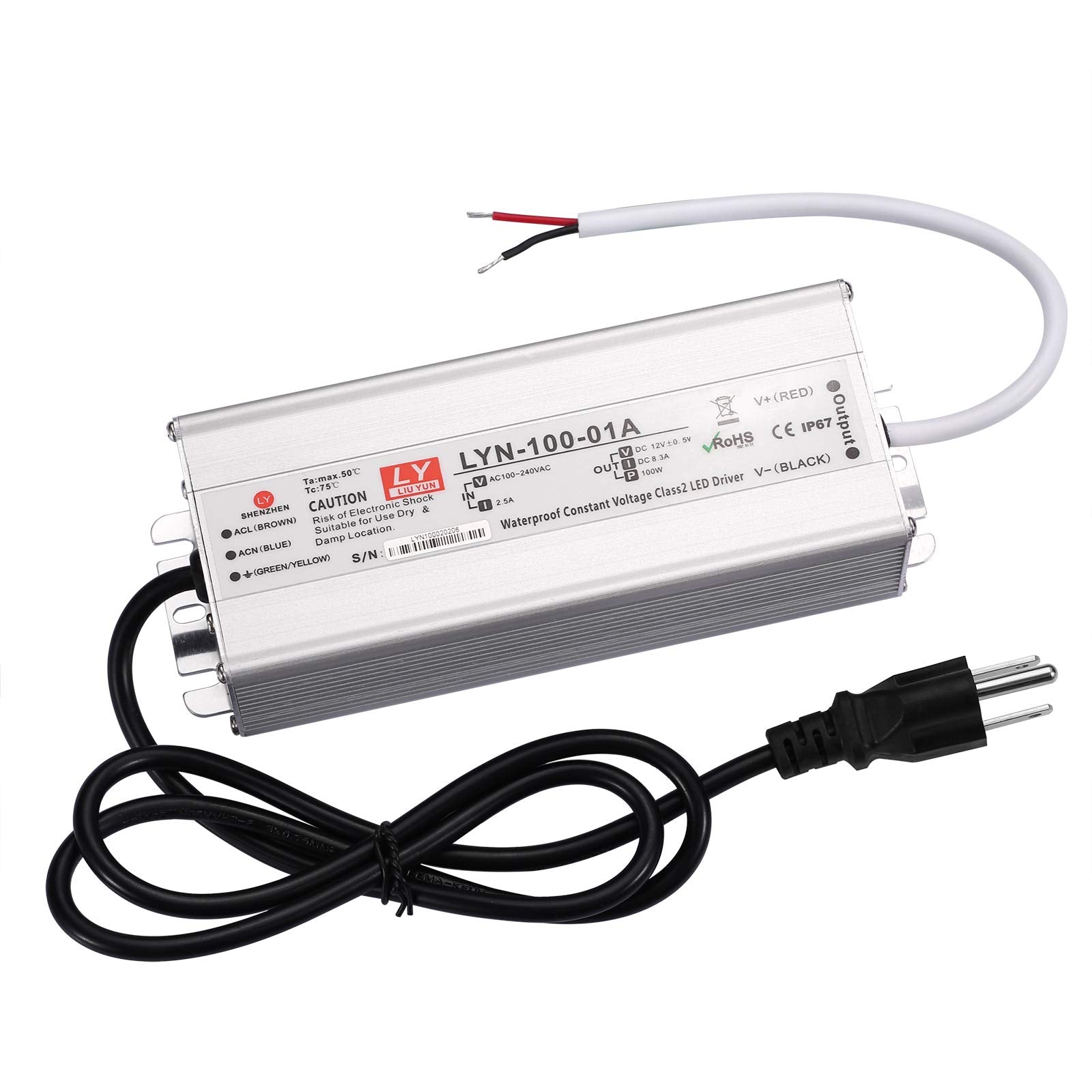 LED Driver 100 Watts 110V AC to 12V DC Low Voltage Output, IP67 Waterproof Power Low Voltage Transformer Adapter with 3 pin Plug