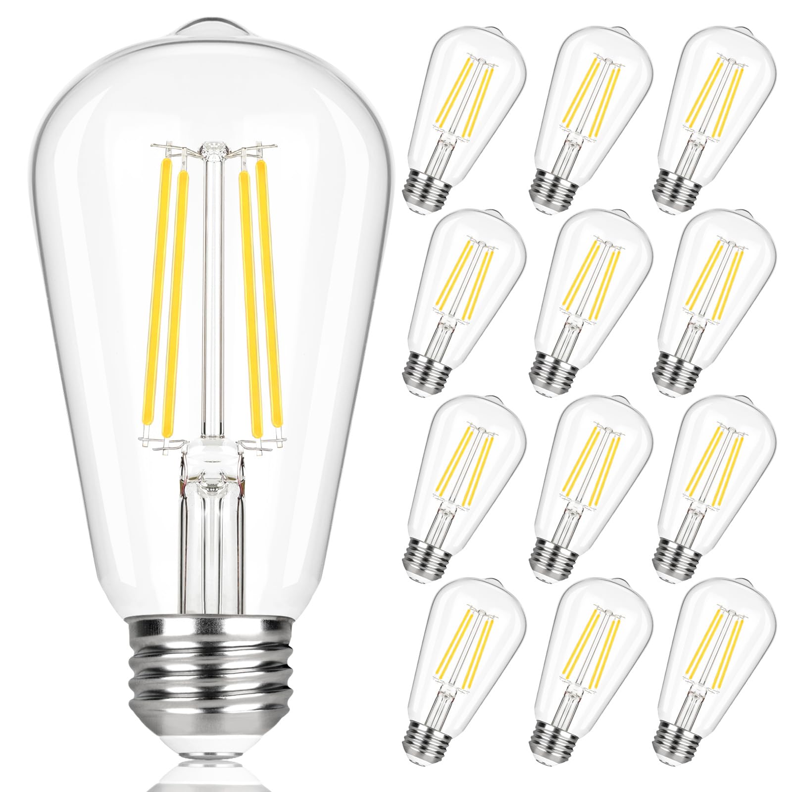 12-Pack Vintage Led Edison Bulbs 60W Incandescent Equivalent, St58 Led Light Bulbs 5000K Daylight White 6.5W, 900Lm High Brightn