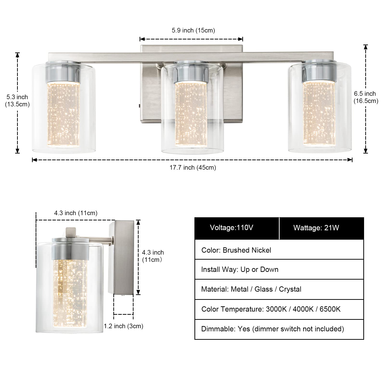 Sinerise 3-Light Brushed Nickel Vanity Light With 3 Color Modes (3000K/4000K/6000K), Eye Protection Led Bathroom Light Fixture,