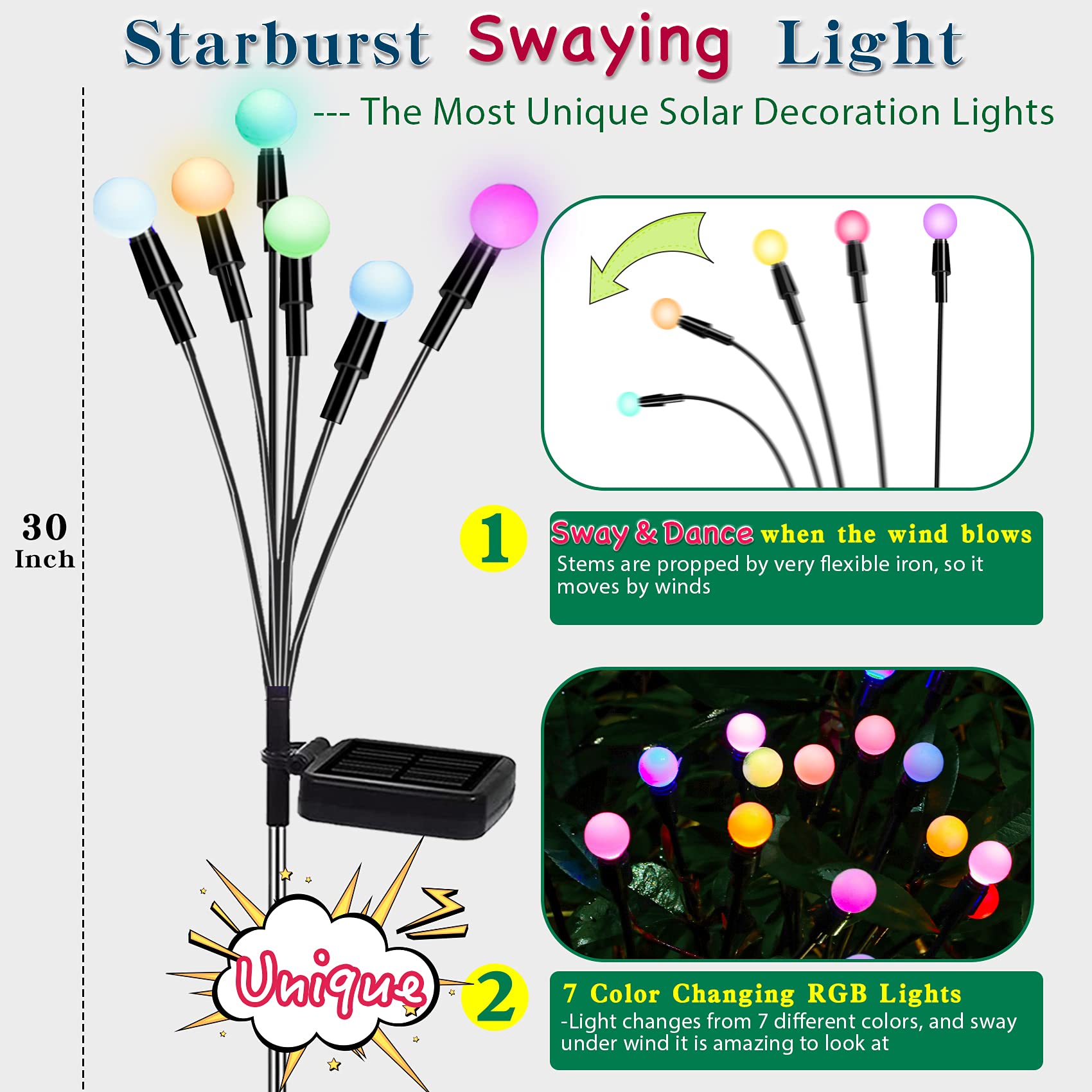 Tonulax Solar Garden Lights, Starburst Swaying Light - Swaying When Wind Blows, Solar Lights Outdoor Decorative, Color Changing