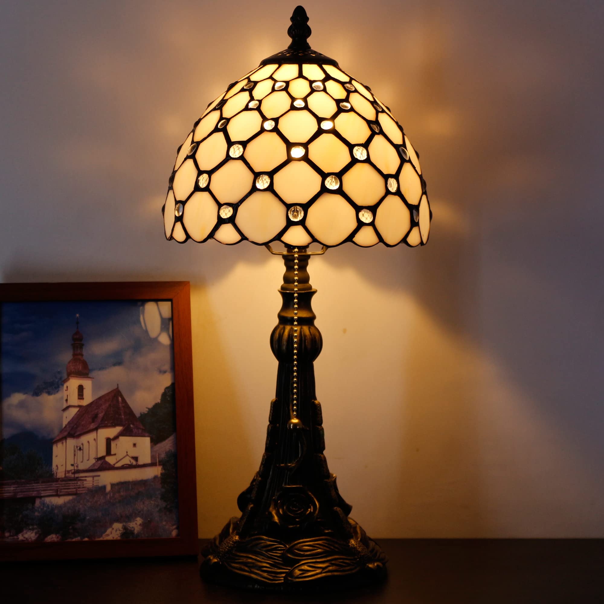 Small Tiffany Lamp Mini Stained Glass Desk Lamp Vintage Table Lamp Tiffany Style Night Light 8X17.5 Inch (Cream Pearl Bead Style