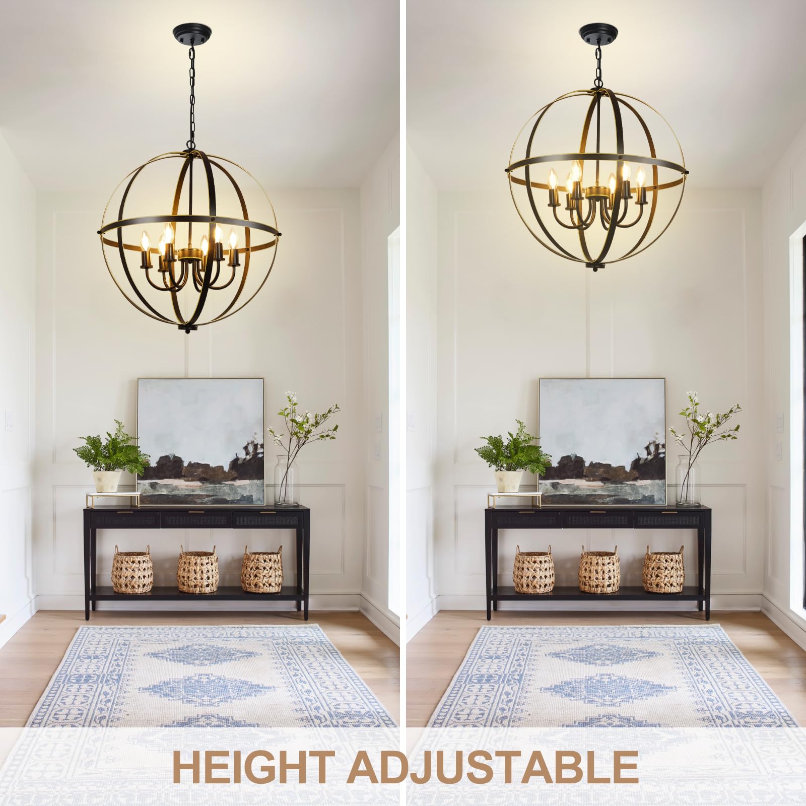 DINGLILIGHTING 6-Light Orb Chandelier, Metal, Adjustable, Black and Gold, Model WS-FND5-40B-G