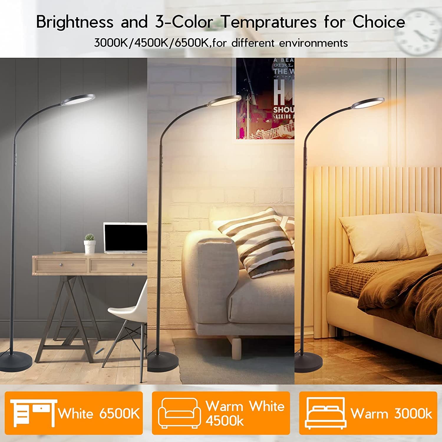 Tenmiro LED Floor Lamp - Modern Reading Light, Stepless Color & Brightness Adjust, Touch & RF Remote Control, Orange, Model KS.FF.A1.024W.FC.089