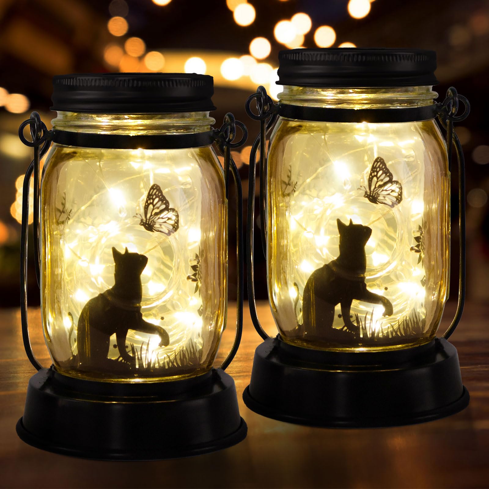 Kyoryuger Cat Solar Lanterns 2PACK Cat Lover Gifts for Women Mom Grandma Christmas Cat Gifts for Cat Lovers Cat Memory Lantern w