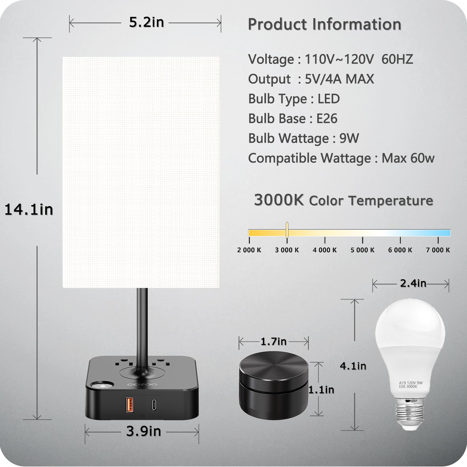 COZOO Dimmable Bedroom Table Lamp with Remote, USB C+A Ports, 2 AC Outlets, White Shade, Model CZC003S