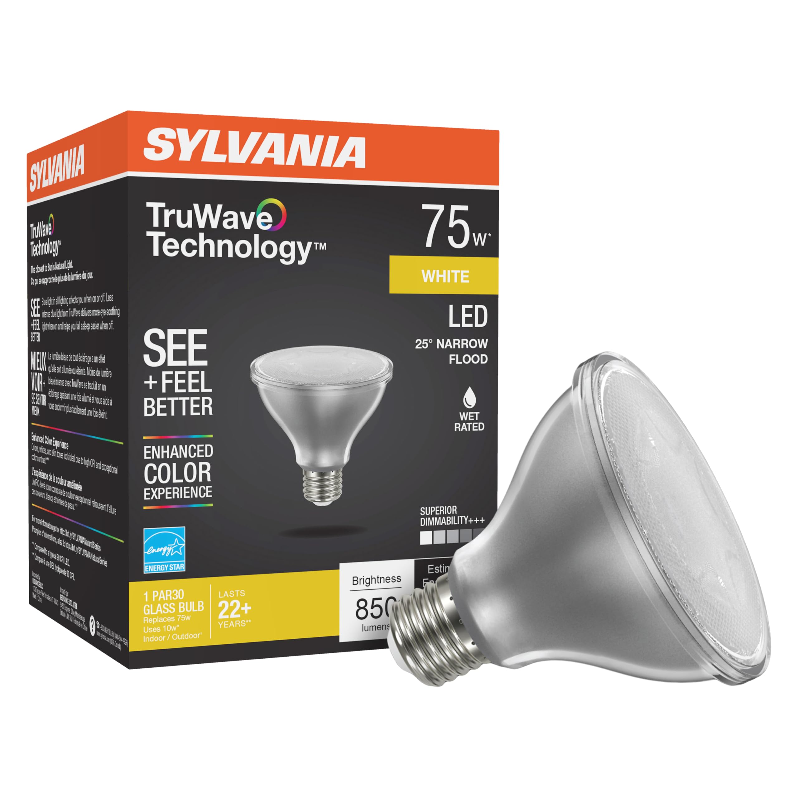 LEDVANCE Sylvania PAR30 LED Light Bulb, 75W Equivalent, 9W, Dimmable, 3000K White, Glass, 1 Count, Model 40914