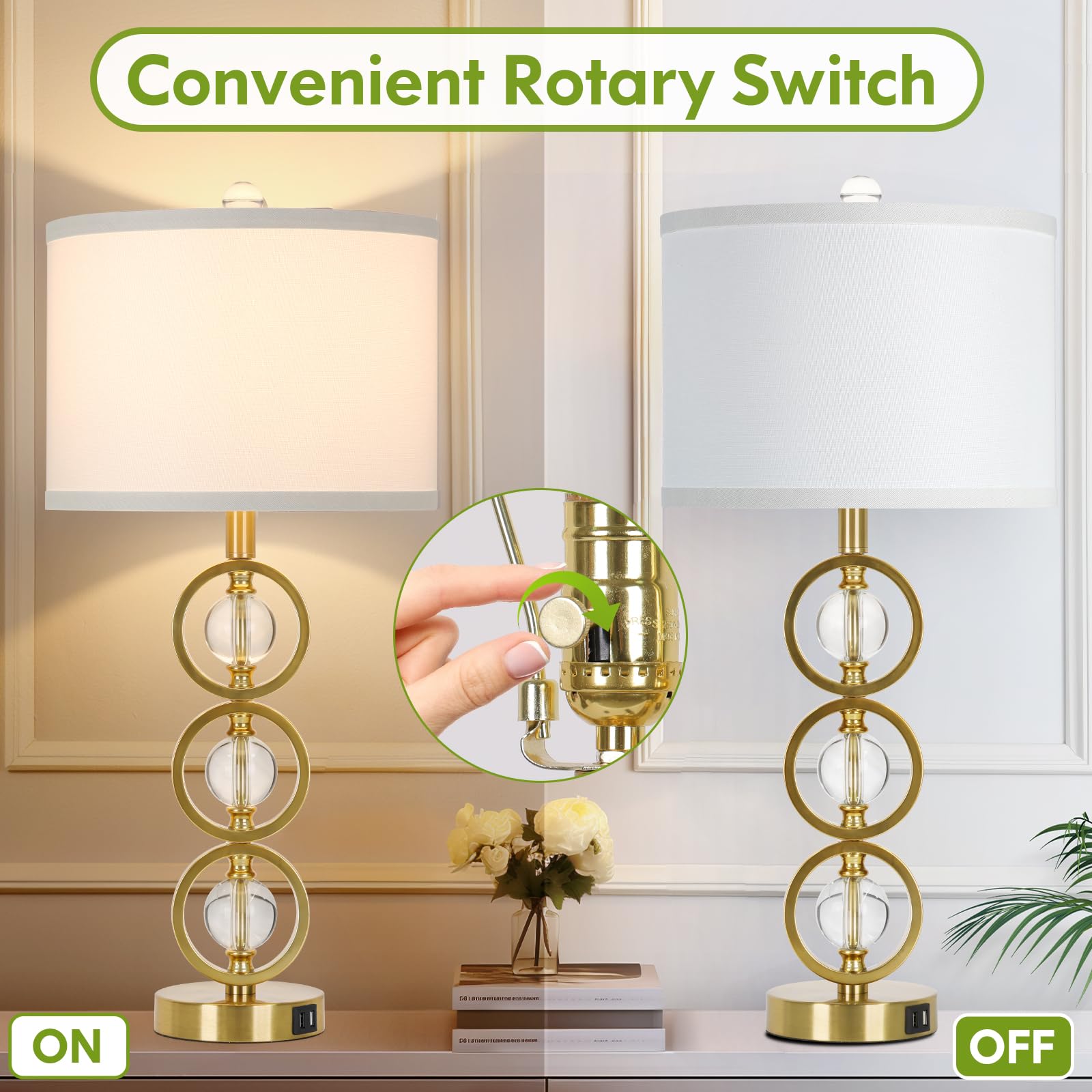 Set Of 2 Modern Gold Table Lamps With 2 Usb Charging Ports, 27 Tall Crystal Bedside Nightstand Lamp With White Fabric Shade, Gla