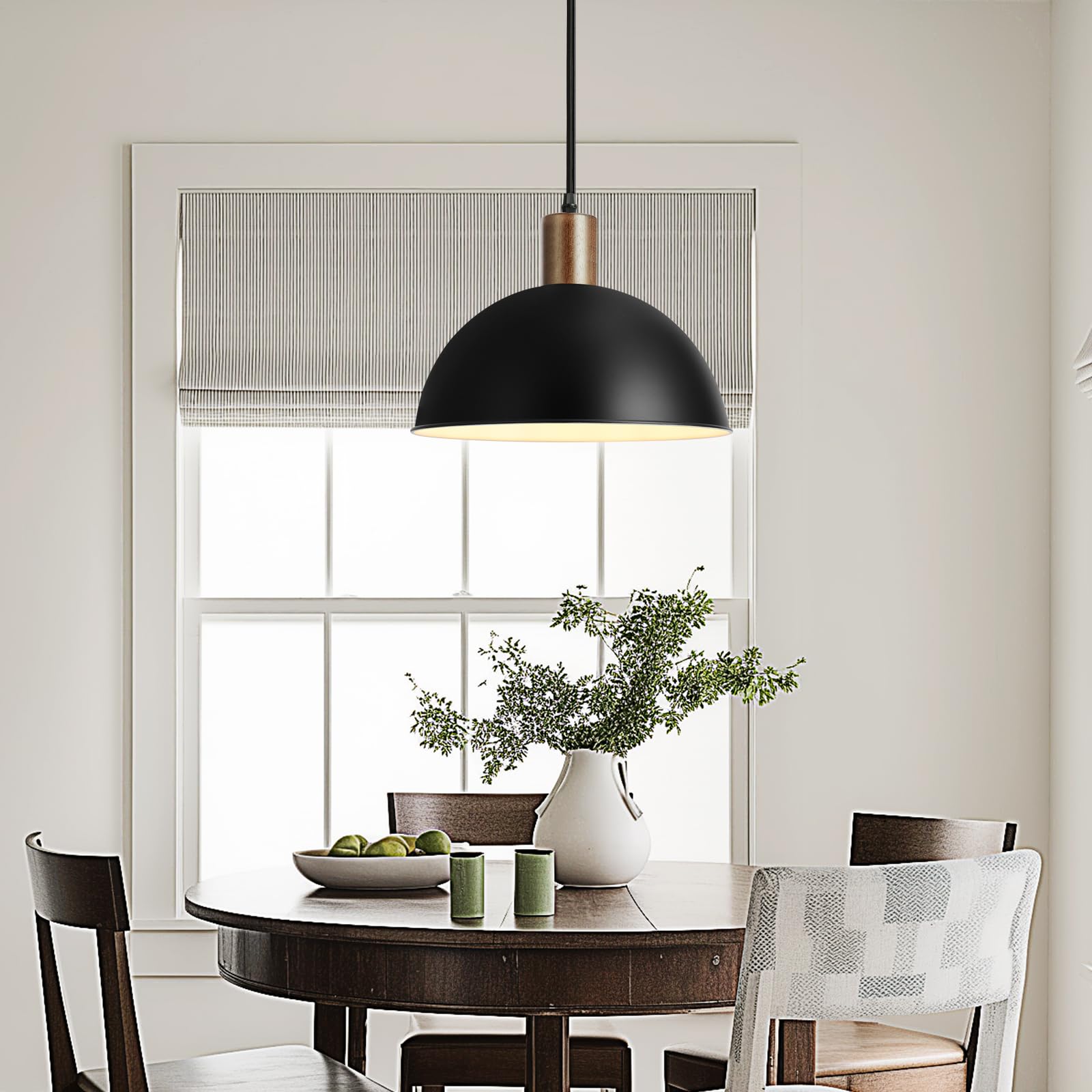 12 Inch 1-Light Solid Wood Blackpendant Lights, Modern Hammered Metal Shade Lighting, Large Hanging Light,Adjustable Industrial