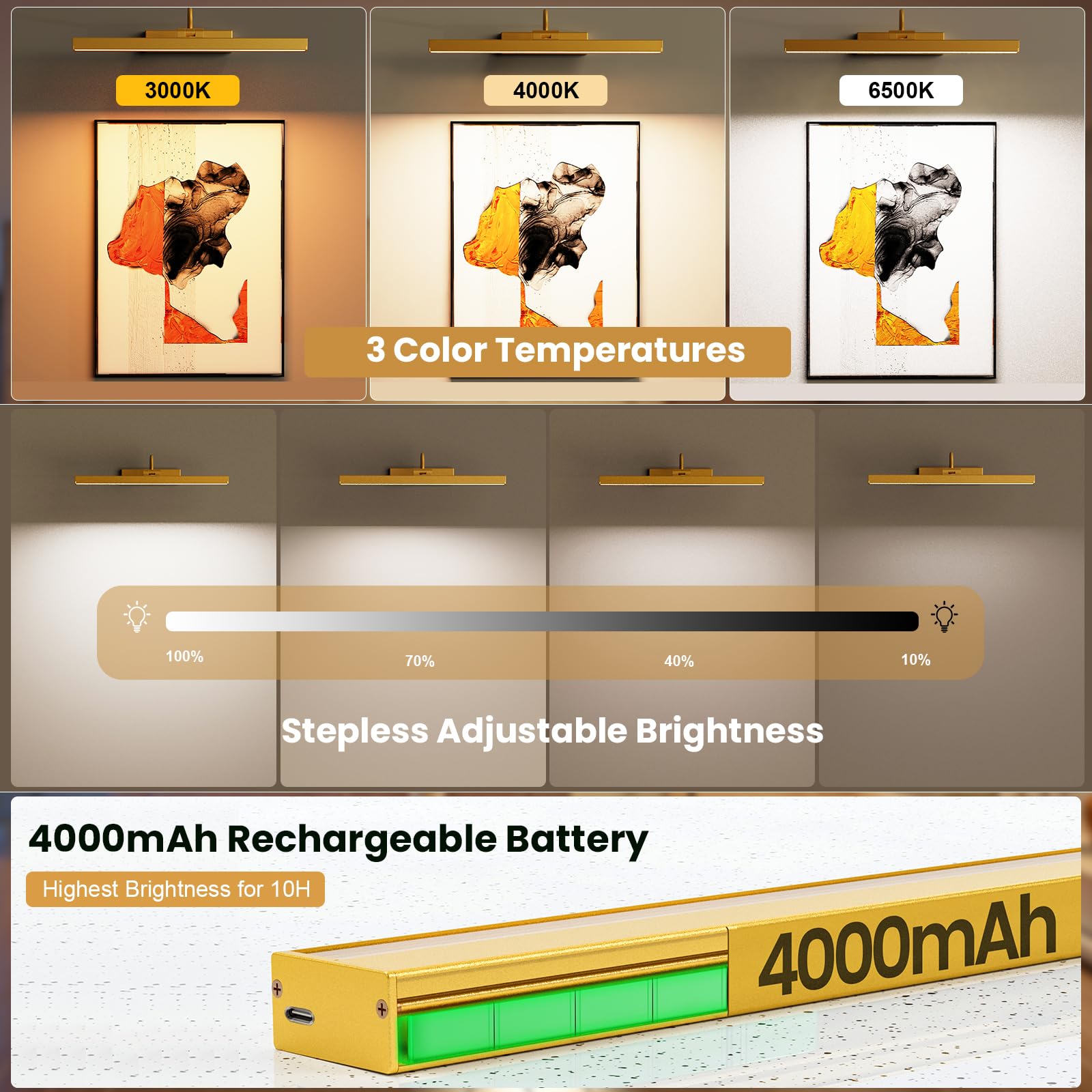 Bridika Picture Light 2 Pack, Rechargeable Wall Lights, Dimmable, Timer, Remote Control, 15.7in, Aluminum, Gold, Model QS31088