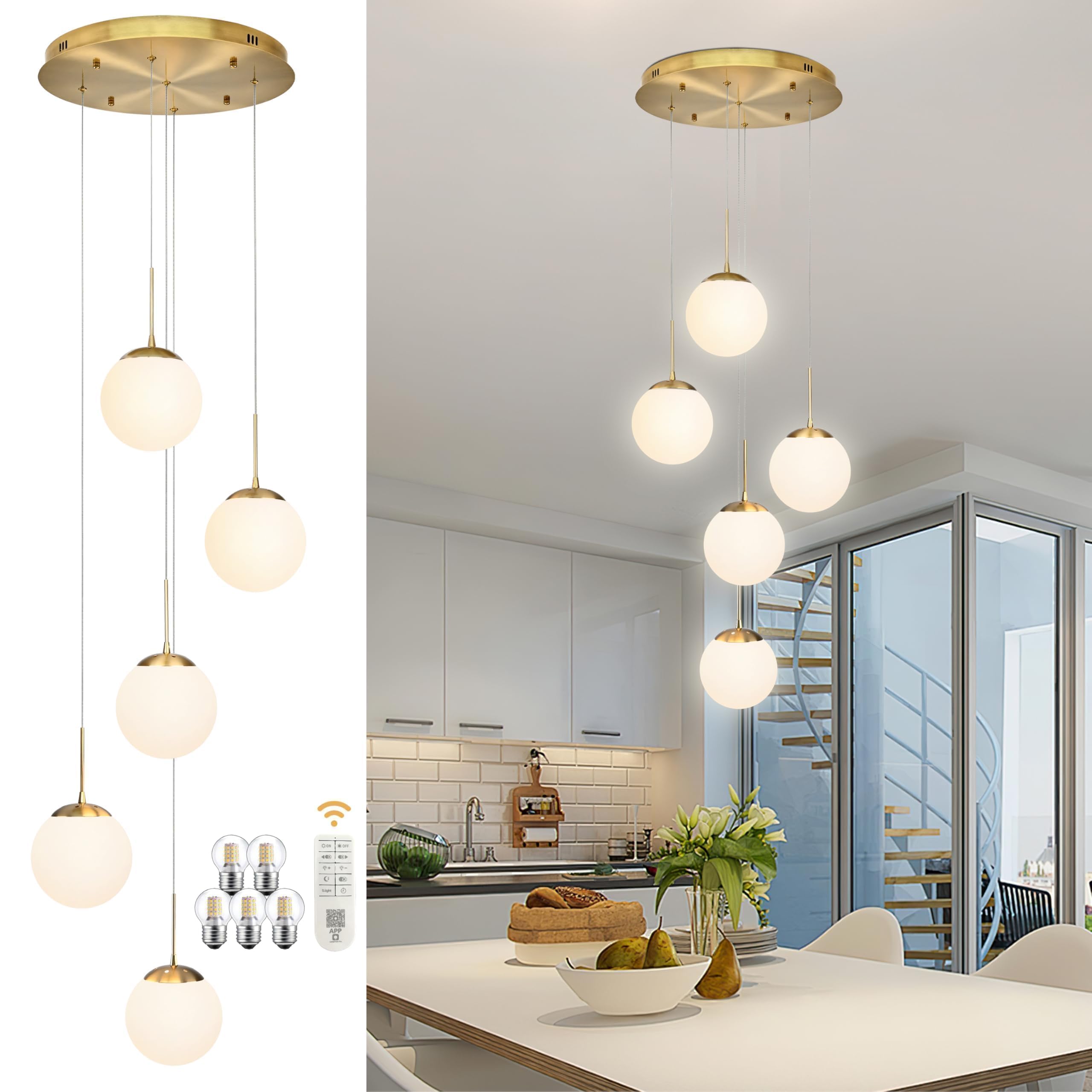 Koko&Yukina 5-Light Globe Glass Pendant Light Adjustable Length Pendant Lights Fixtures Modern Gold Chandelier With Milky White 
