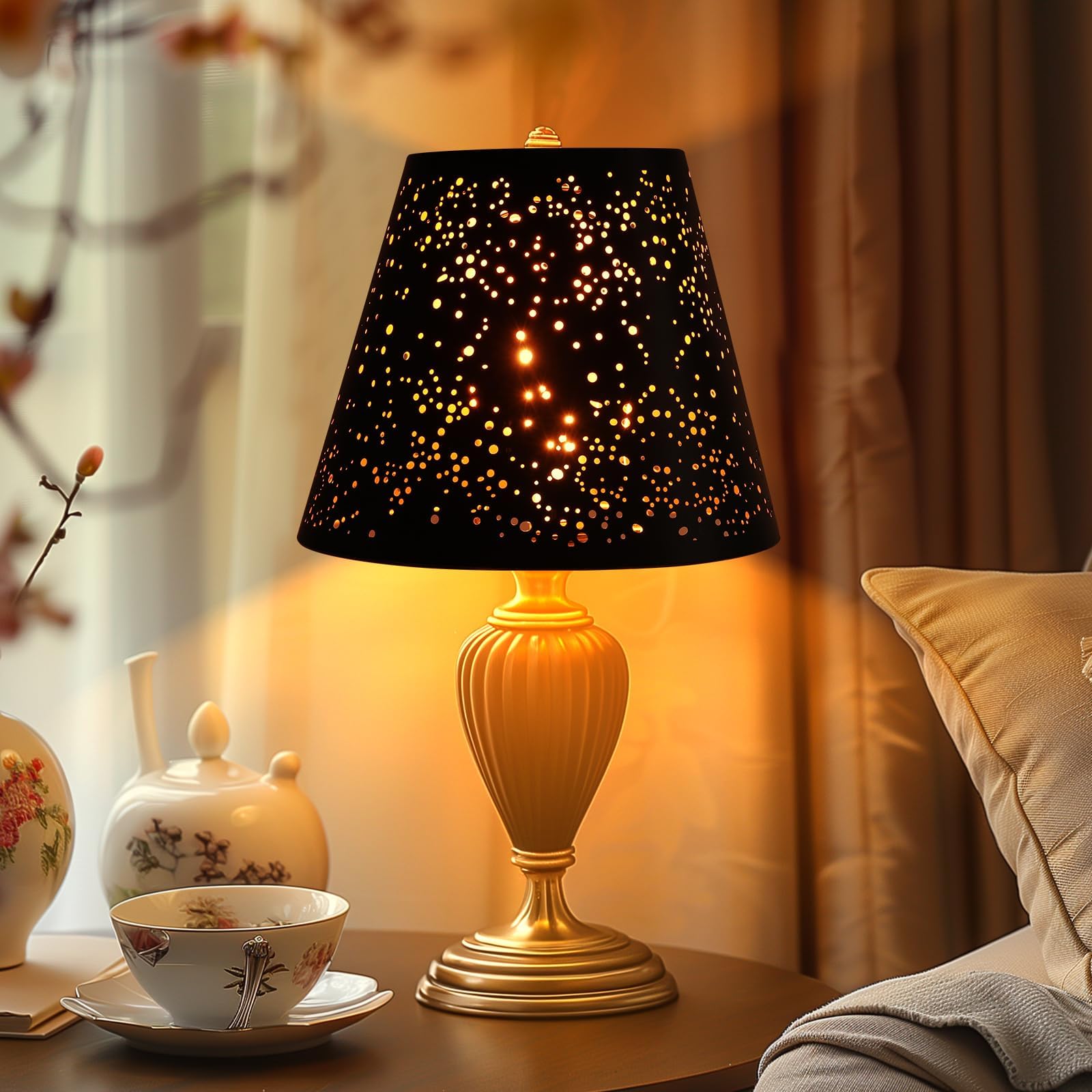 ALUCSET Metal Small Lamp Shade, Etched Starlight, 5in Top x 9in Bottom x 7in High, Black Outside Gold Inside, Model ALUCSET-METAL