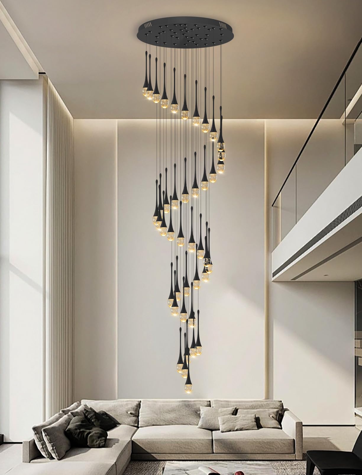 ykolupty Crystal Staircase Chandelier, 42-Lights, Adjustable Length 197in, Black, Model TP0038-42H, Ideal for High Ceilings