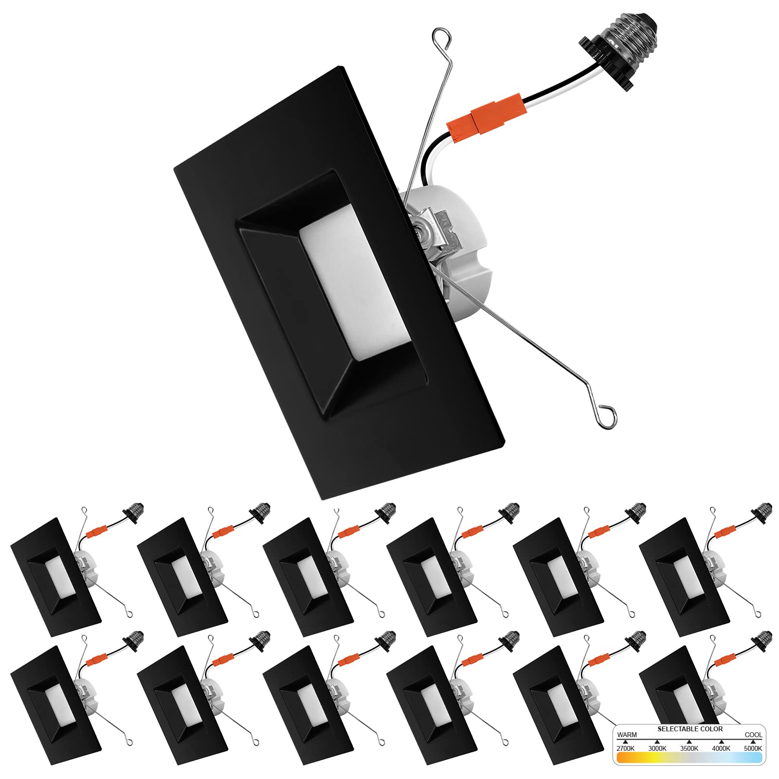 Nuwatt 12 Pack, Black 6 Inch Square Retrofit Recessed Lighting, Cct 2700K/3000K/3500K/4000K/5000K Selectable, 1100 Lumen 14W, Dimmable, 6In Black Square Led Can Lights, 6" Square Light, Etl, Wet Rated