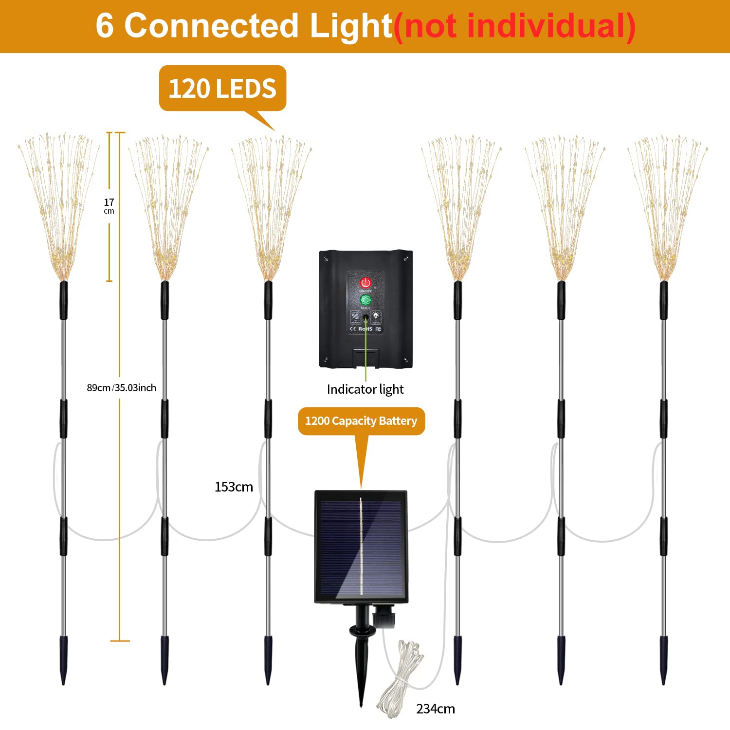 6 Pack Solar Garden Lights Outdoor, Firework Lights 8 Modes With Remote Diy Outdoor Decor,120 Led Waterproof Garden Fireworks Lamp, Landscape Outdoor Light For Pathway Backyard Lawn (Warm White)