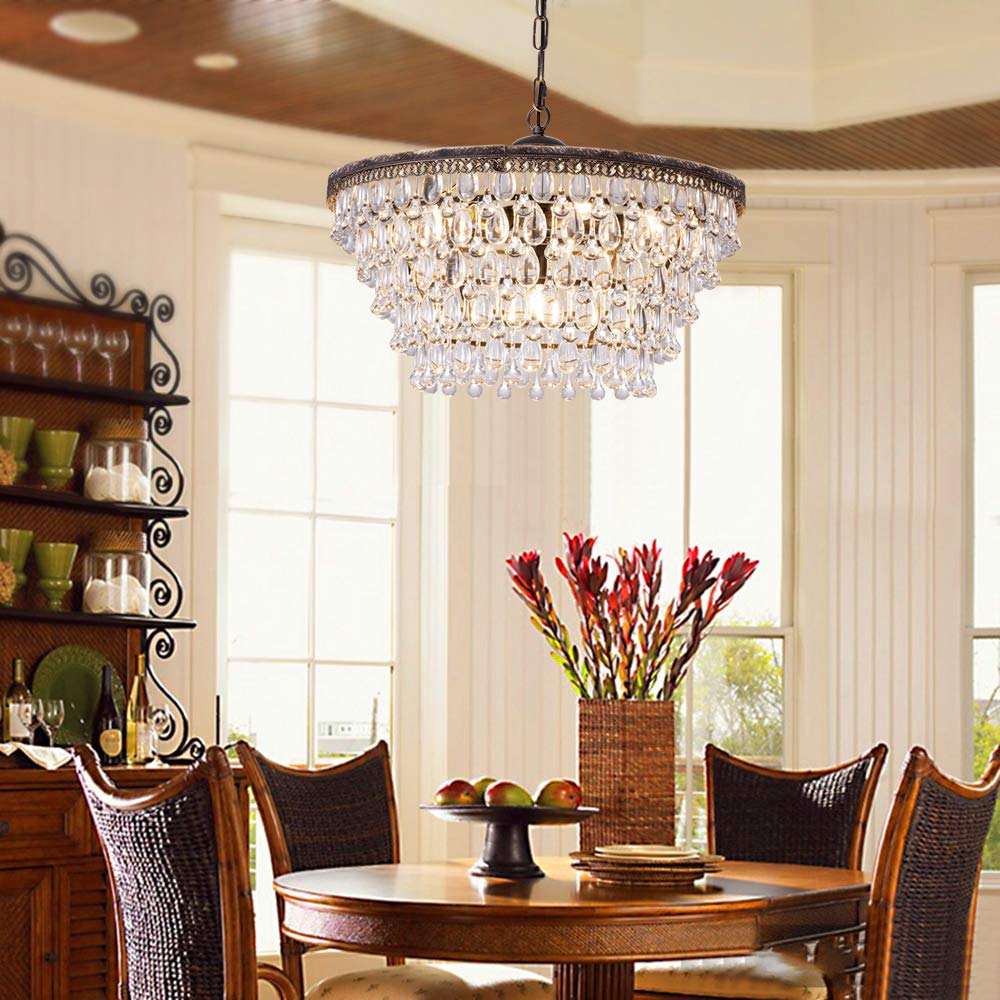 Wellmet 6-Light Crystal Chandelier, 20"W Bronze 5-Tier Farmhouse Ceiling Fixture for Foyer, Dining Room, Bedroom, Kitchen