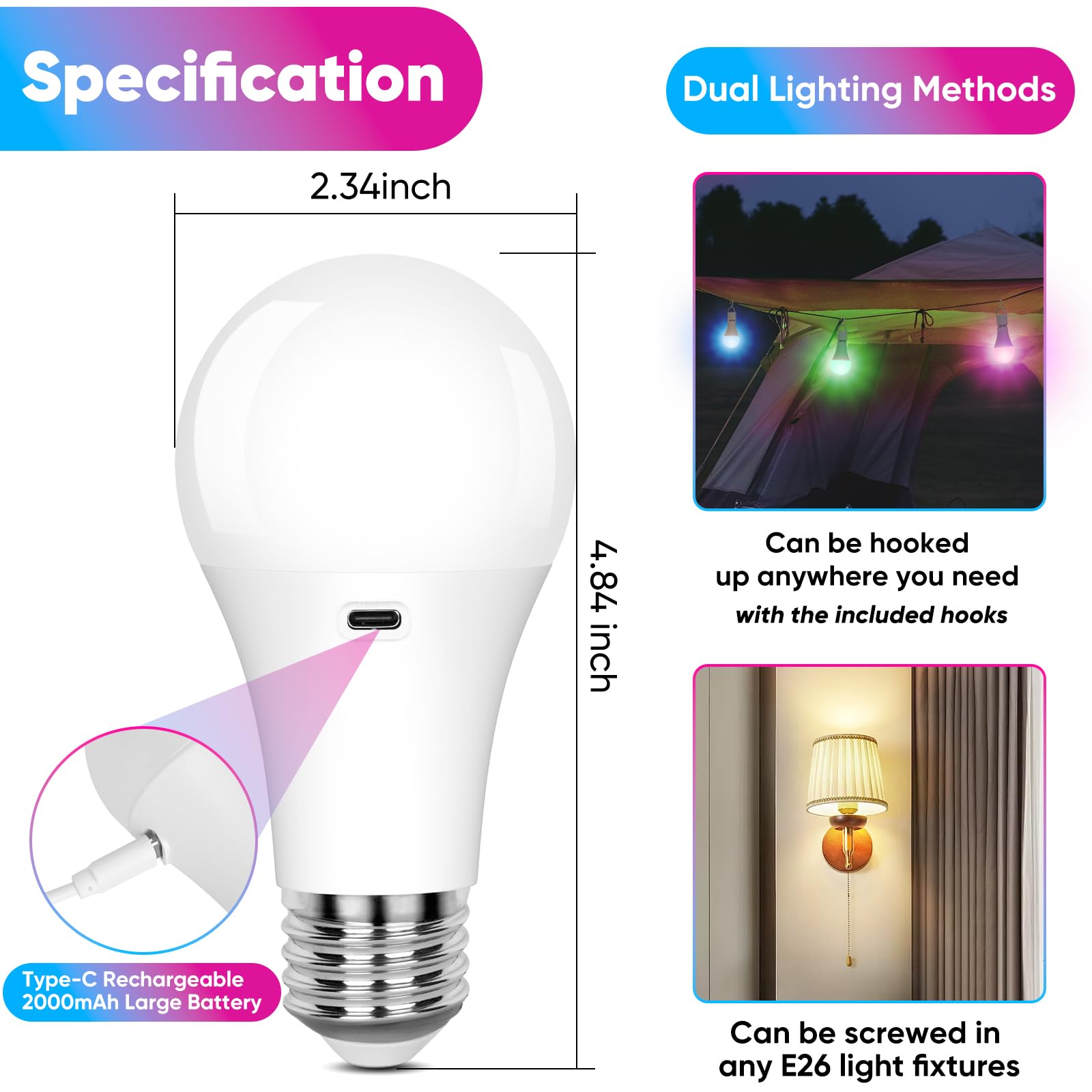 Rechargeable Battery Operated A19 Light Bulb With Remote Control 2 Packs, Dimmable Detachable Led Bulb With 15 Colors Selectable