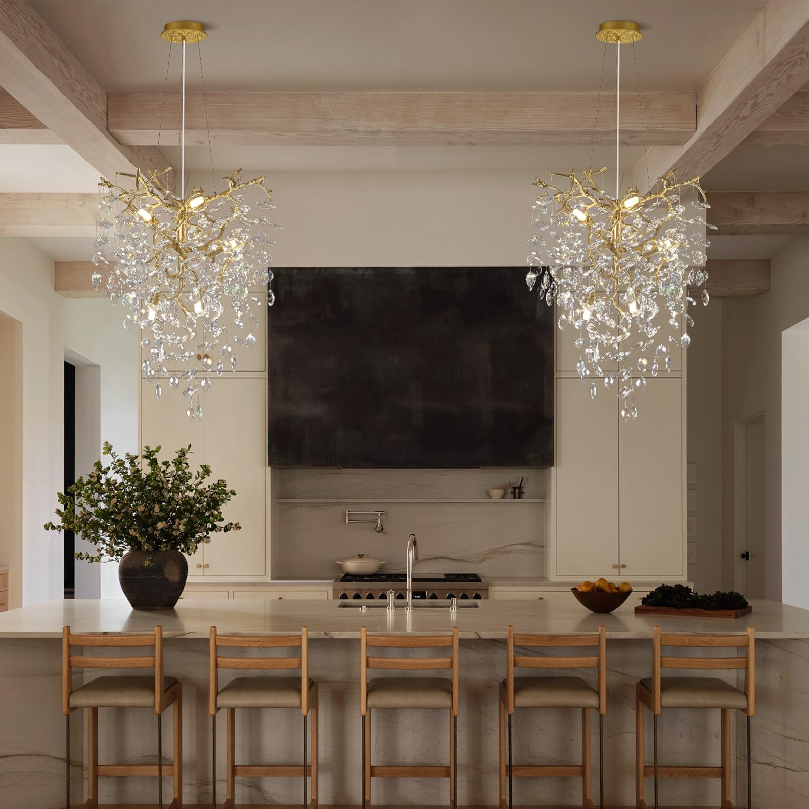 kvtinmty Modern Gold Crystal Chandelier, 21 Inch, 6 Lights for Dining Room, Bedroom, Living Room, Foyer, Kitchen Island