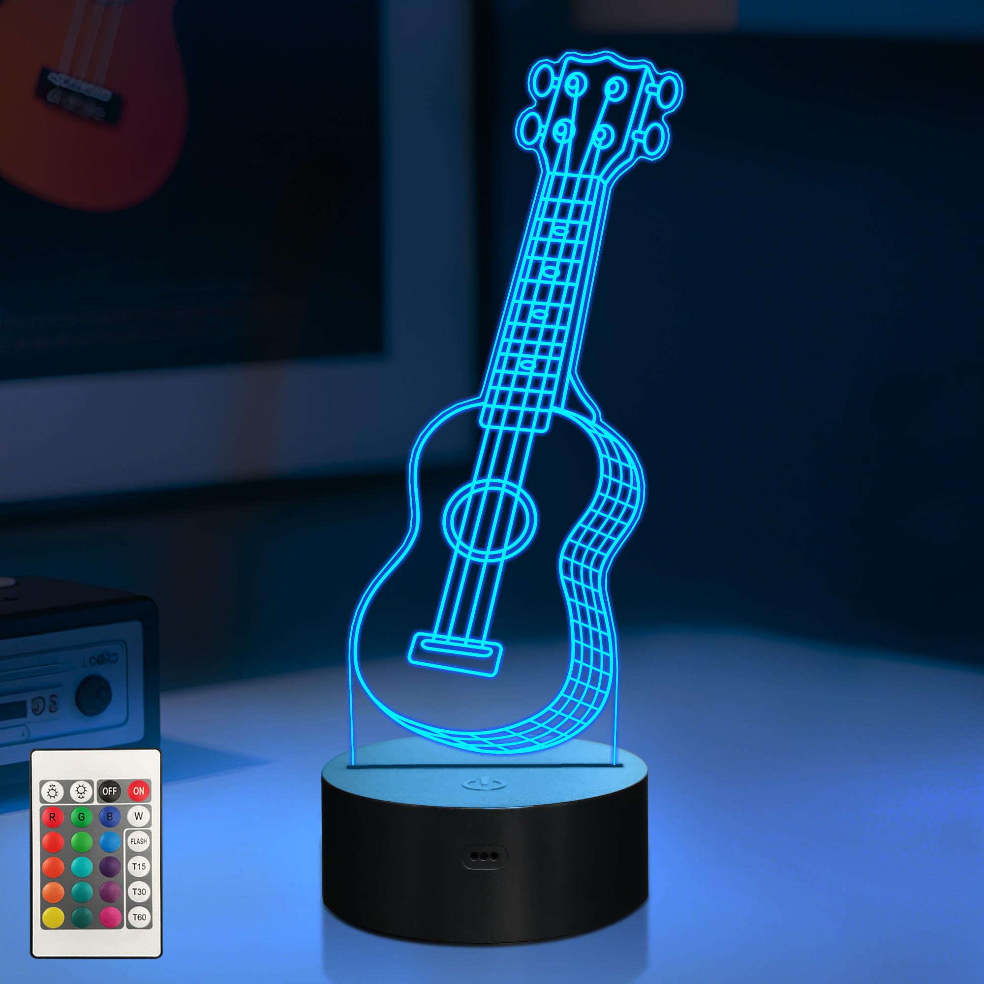 CoolGift Mart Ukulele Night Light, 3D LED Optical Illusion Lamp with 16 Colors and Remote Controller, Gifts for Ukulele Enthusia