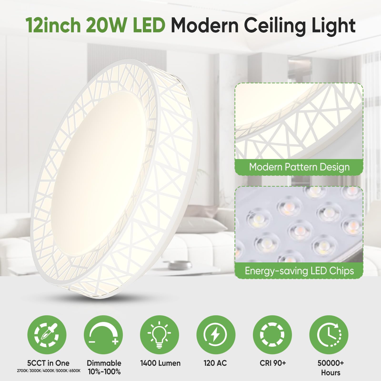Lightania 12 Inch Flush Mount Ceiling Light, Modern White Led Ceiling Light Fixture, 20W 1400Lm 2700-6500K Adjustable, Dimmable