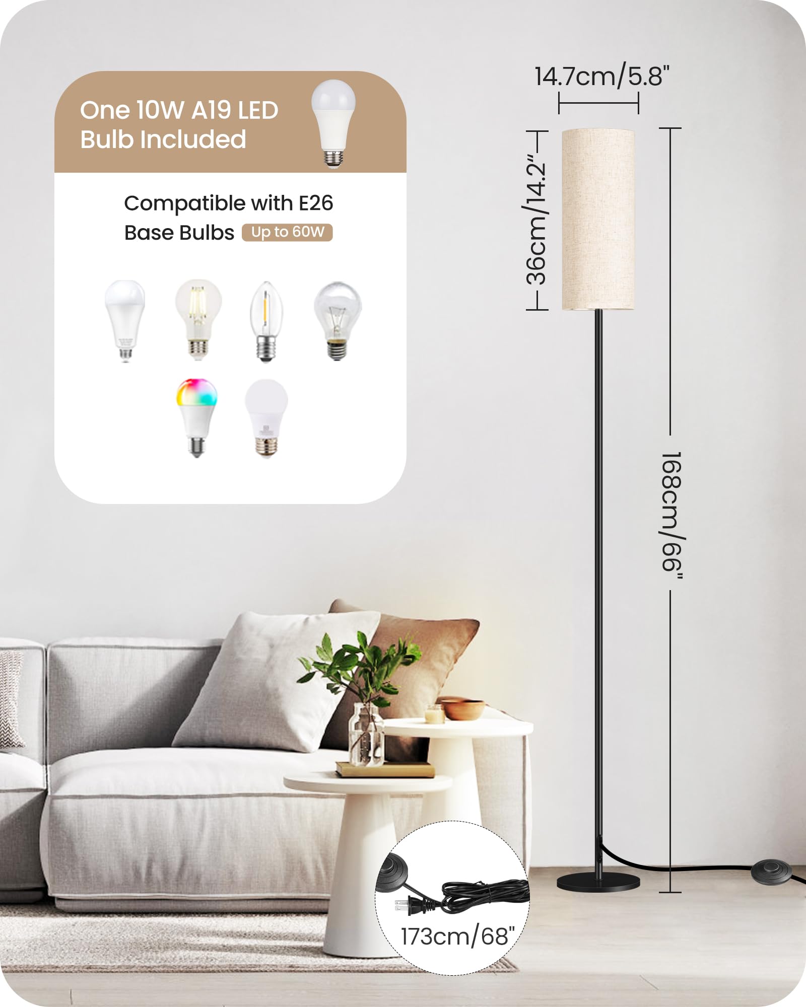 Goebleson Dimmable Floor Lamp With Remote, 66'' Linen Shade, 10W Led Bulb, Black & Beige