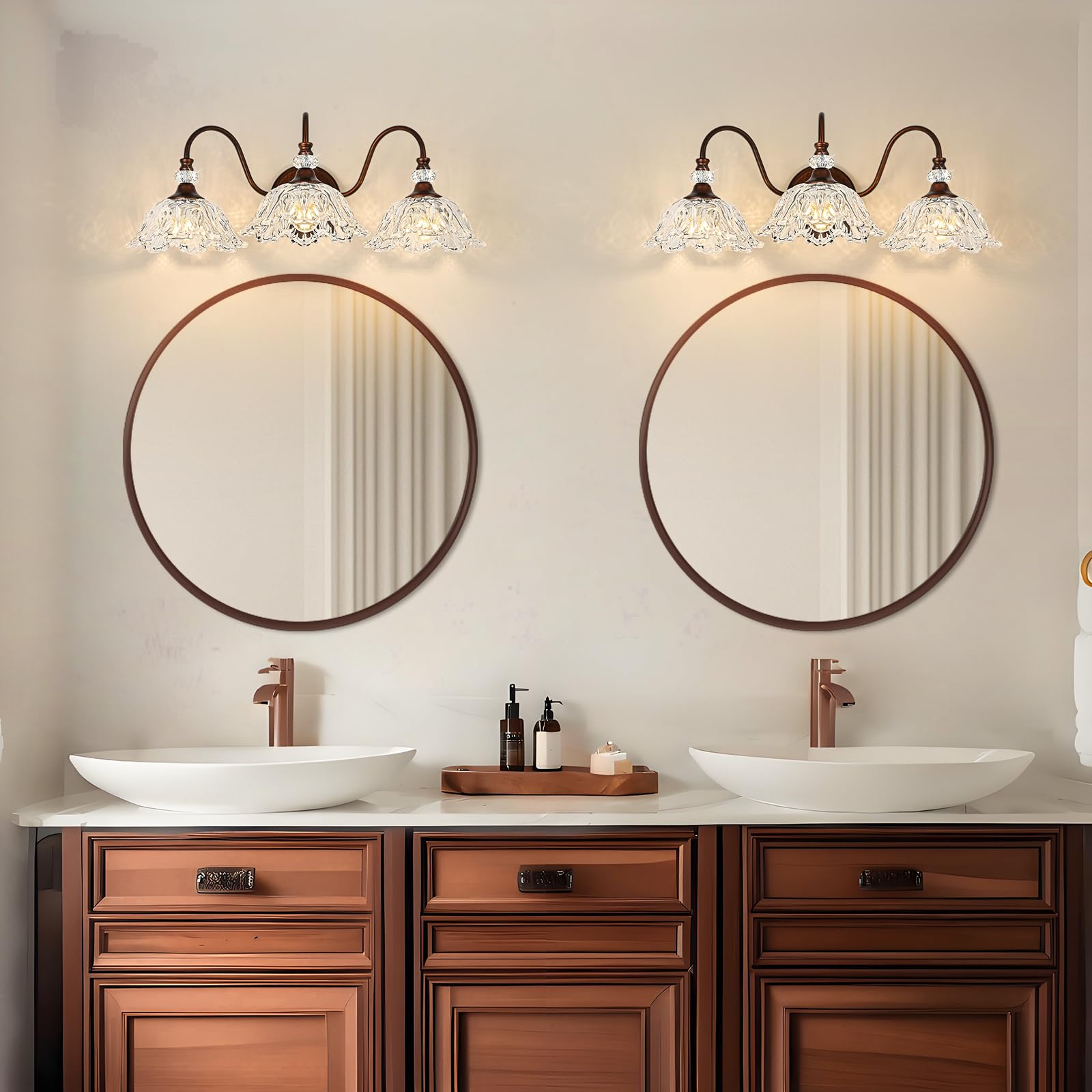 sunkryster 3-Light Vintage Bathroom Vanity Light, Oil-Rubbed Bronze with Floral Clear Glass Shades, Model Sun-104AB-3-ORB