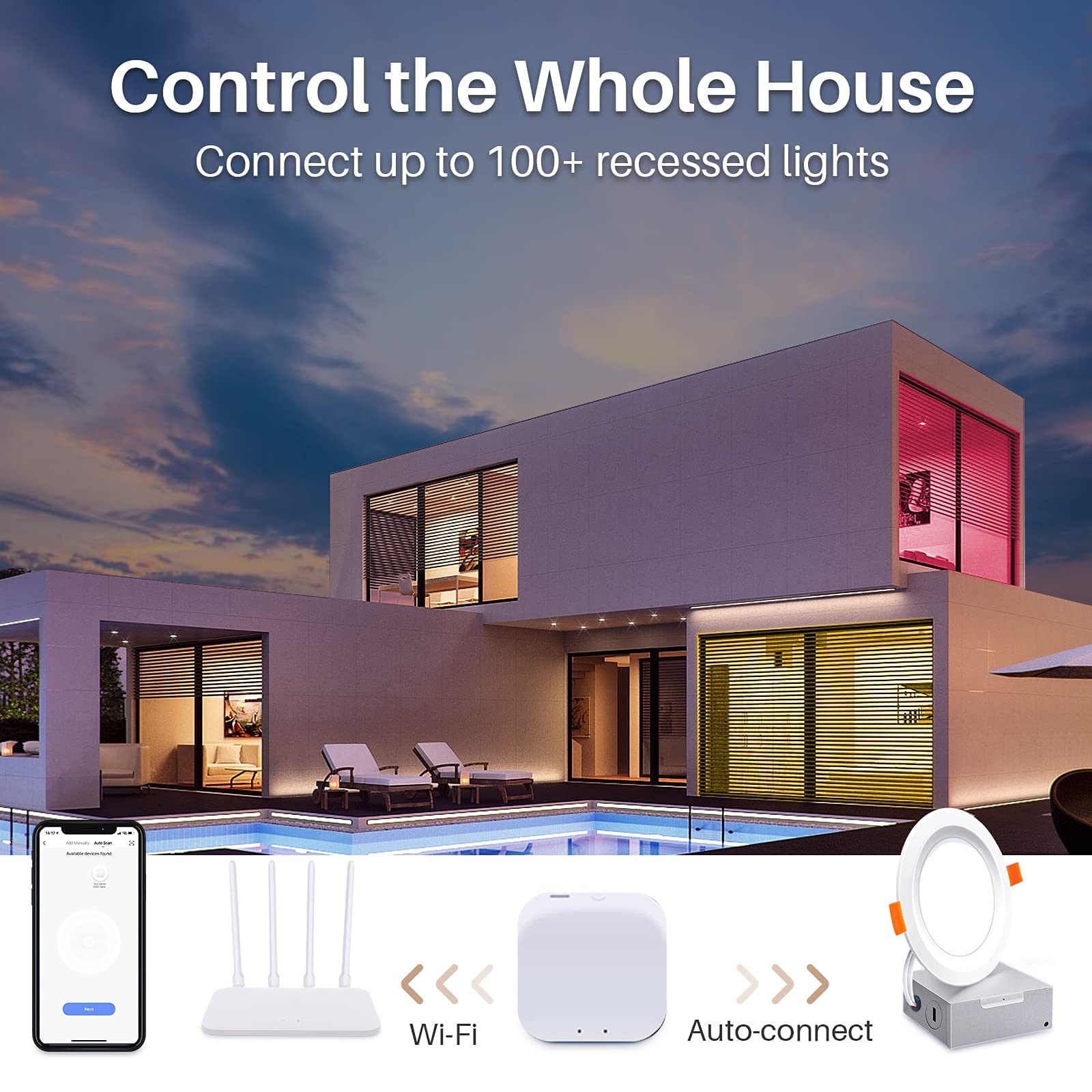 Peteme Smart LED Recessed Lighting, 6 Inch, Dimmable RGB & White, IC Rated, ETL Certified, 1200 Lumen, 6 Pack