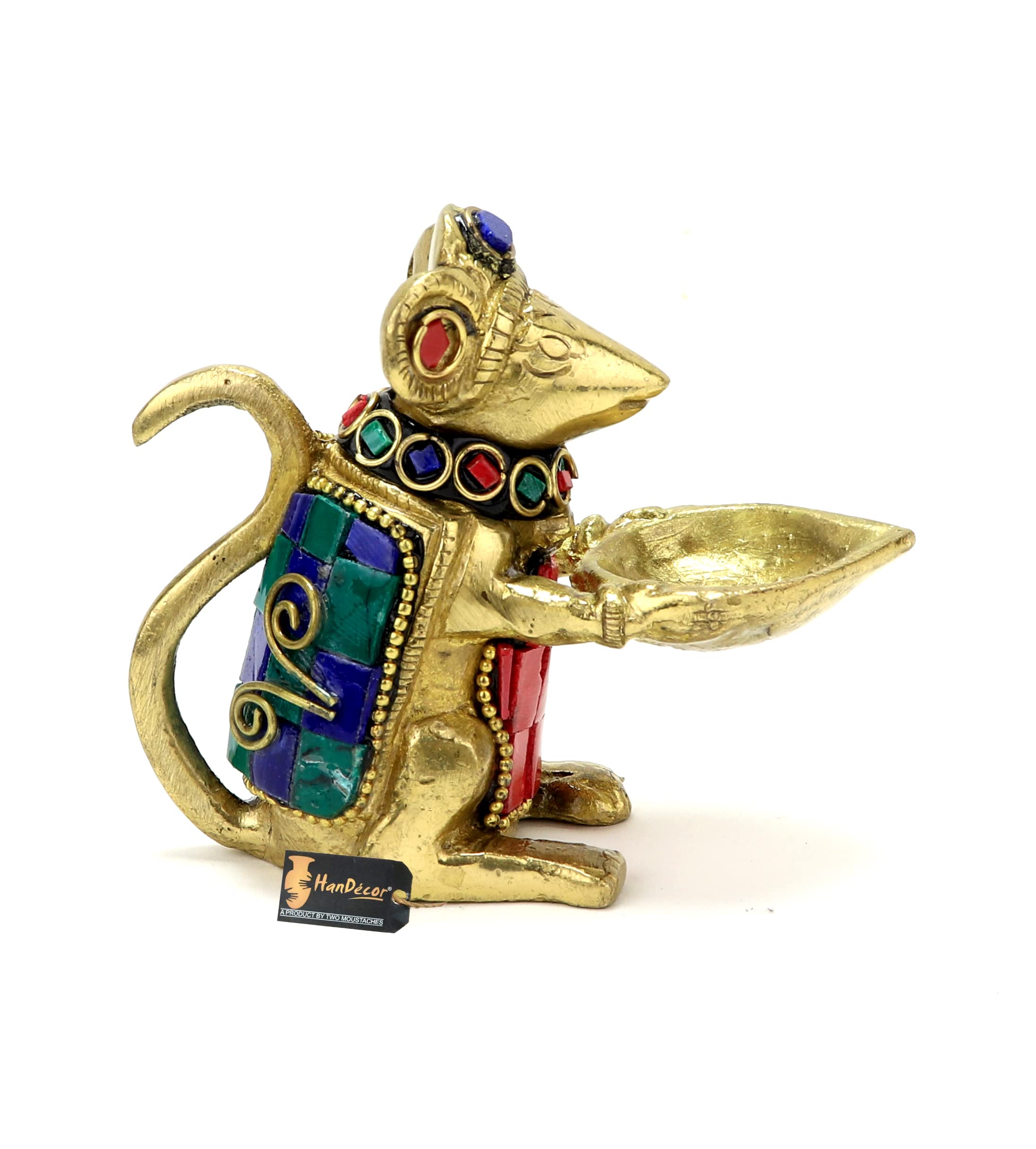 Two Moustaches Brass Ganesha Diya Mouse Holding Oil Lamp, Gold, Model TMP/2244S, Standard, Pack of 1