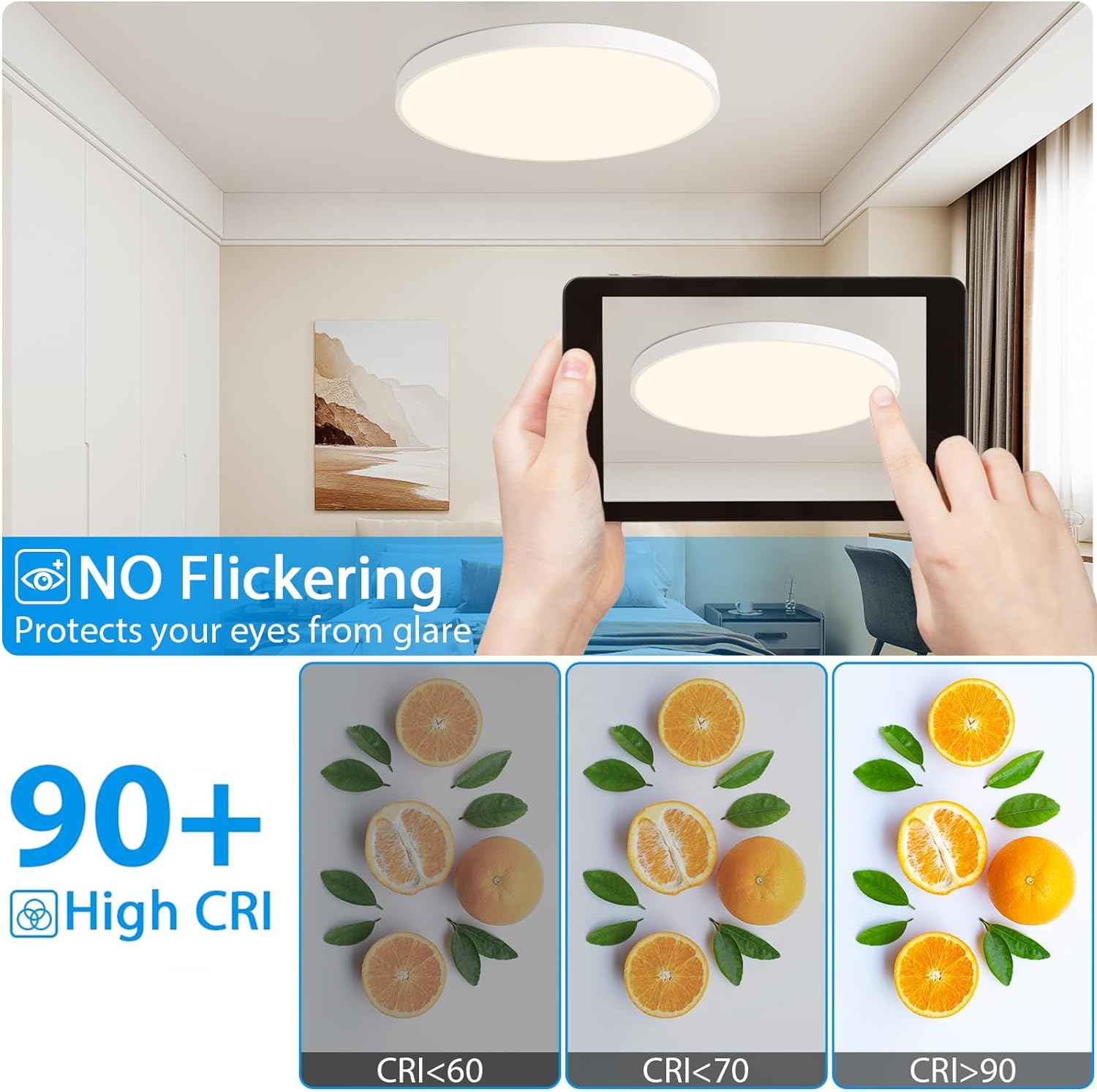 HOVENLA 24 Inch LED Flush Mount Ceiling Light, 48W Dimmable, 2800lm, Remote Control, White, Model LT0071-T01