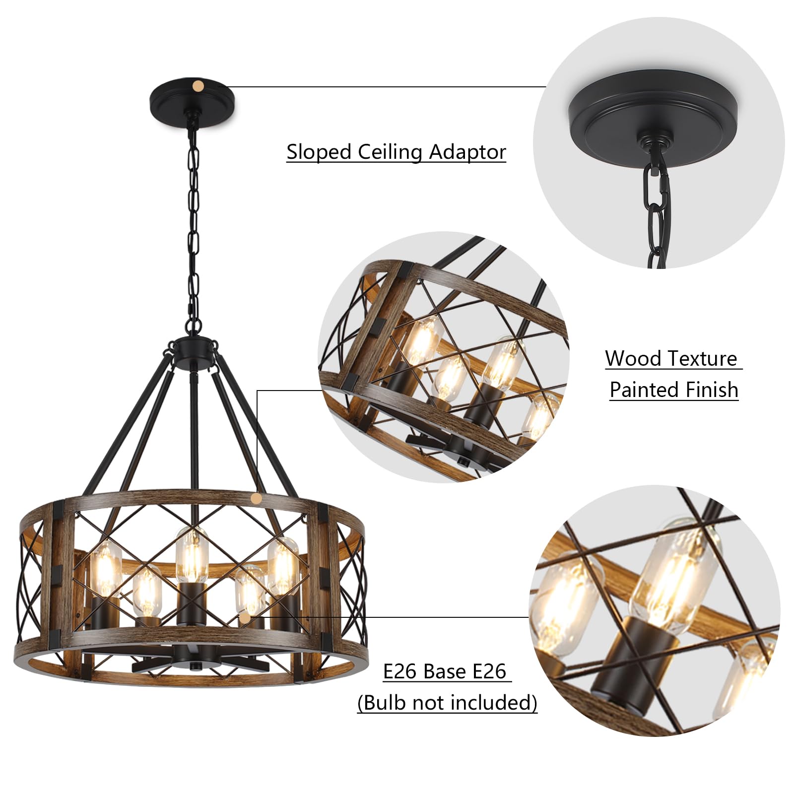CWarmozy 5-Light Farmhouse Chandelier, 19.8" Adjustable Pendant Light, Black and Brown Wood Texture for Dining Room, Kitchen, Entryway