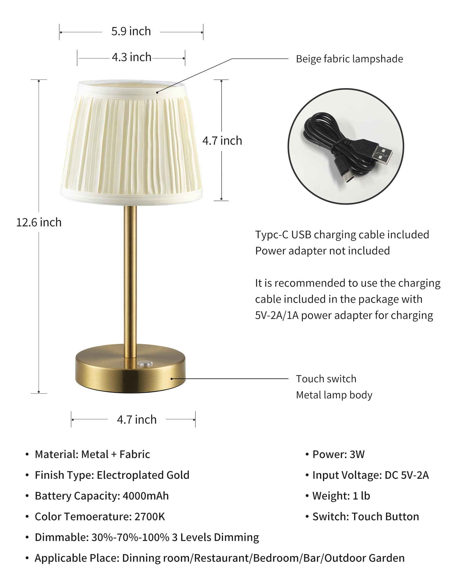 Pusu 2 Pack Cordless Led Gold Table Lamps  Rechargeable 4000Mah 3 Way Dimmable Bedside Small Lamp With Fabric Shade  Lighting For Bedroom  Kids Room  Bathroom  Kitchen  Decor  Gift  Night Light