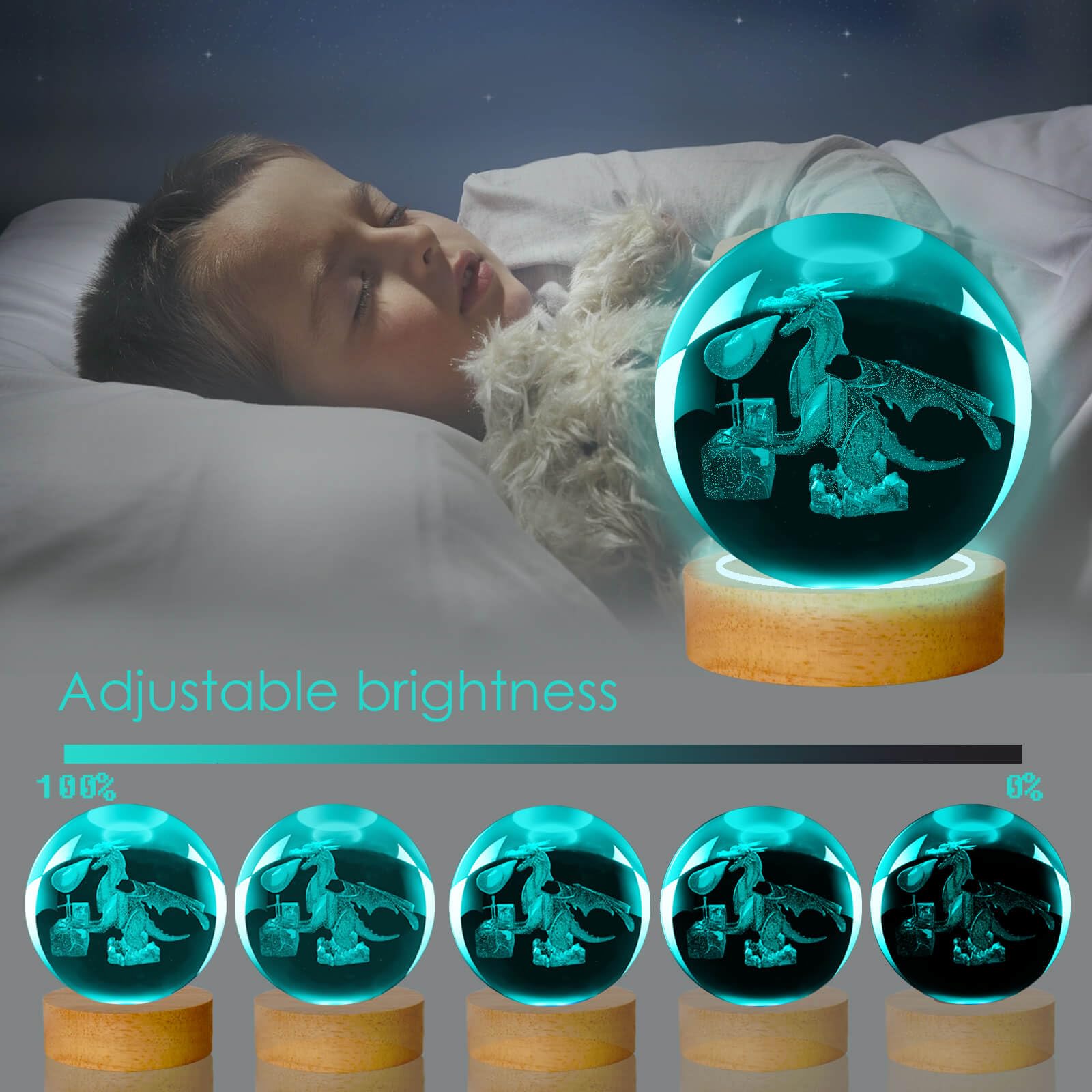 LINSINA 3D Dragon Lamp, 16 Colors Crystal Ball Night Light, Wooden Base, Remote Control, Model lamp-01, Color Dragon Treasure