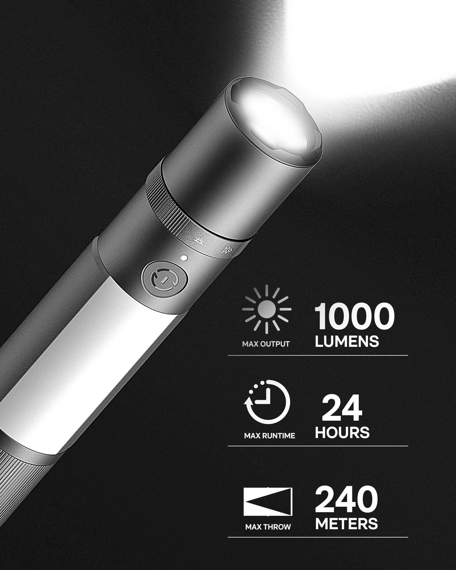 HOTO Rechargeable Emergency Flashlight, Magnetic LED, High Lumens, Window Breaker, Black, Model QWSDT004