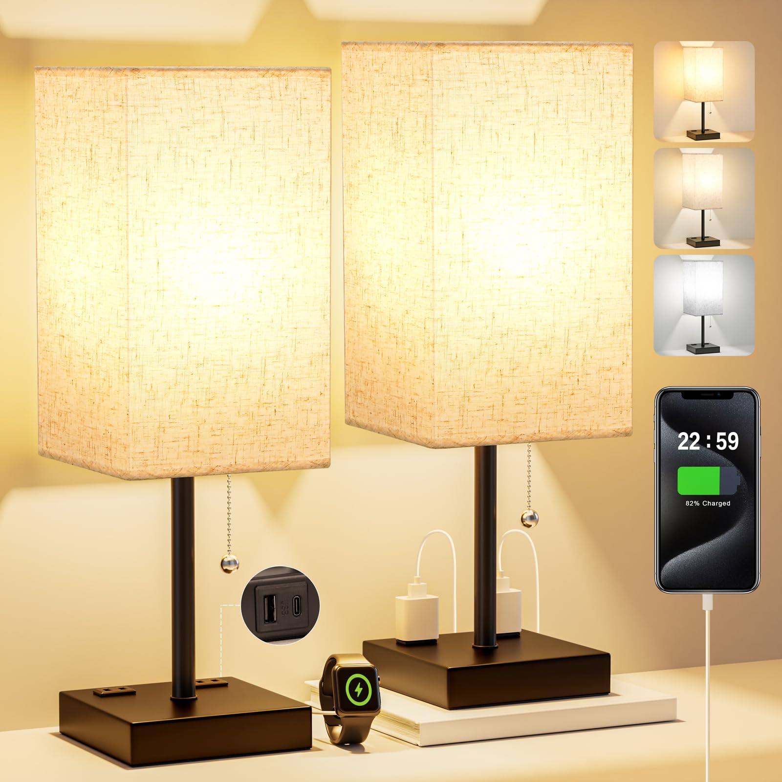 Table Lamps for Bedroom Set of 2 Nightstand - 17.4In Tall, 3 Color Bedside Lamps with AC Outlets and USB A & C for Charging, Squ