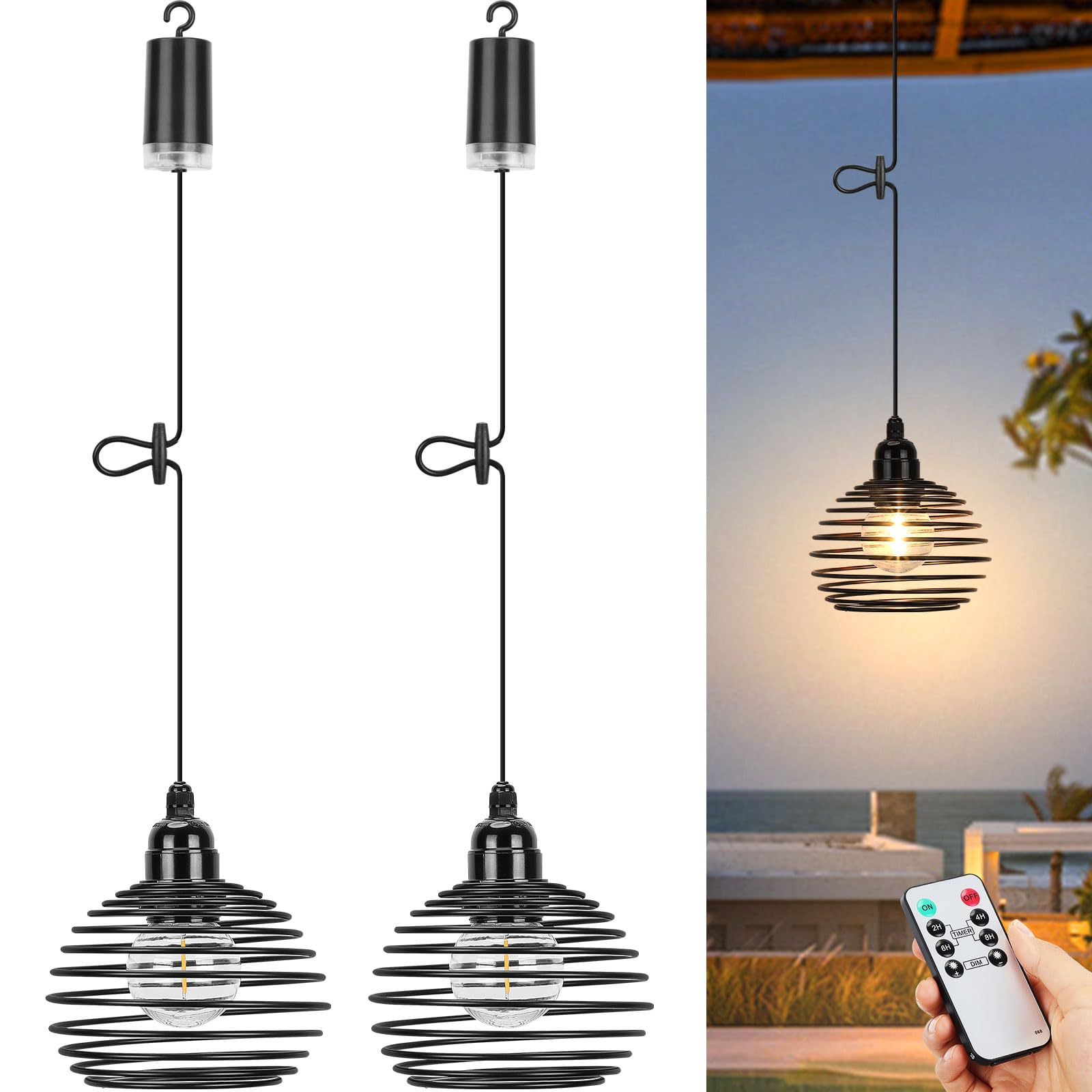 Lightess Outdoor Chandelier for Gazebo Lights Battery Operated, Black Battery Powered Hanging Light Pendant Waterproof for Garde