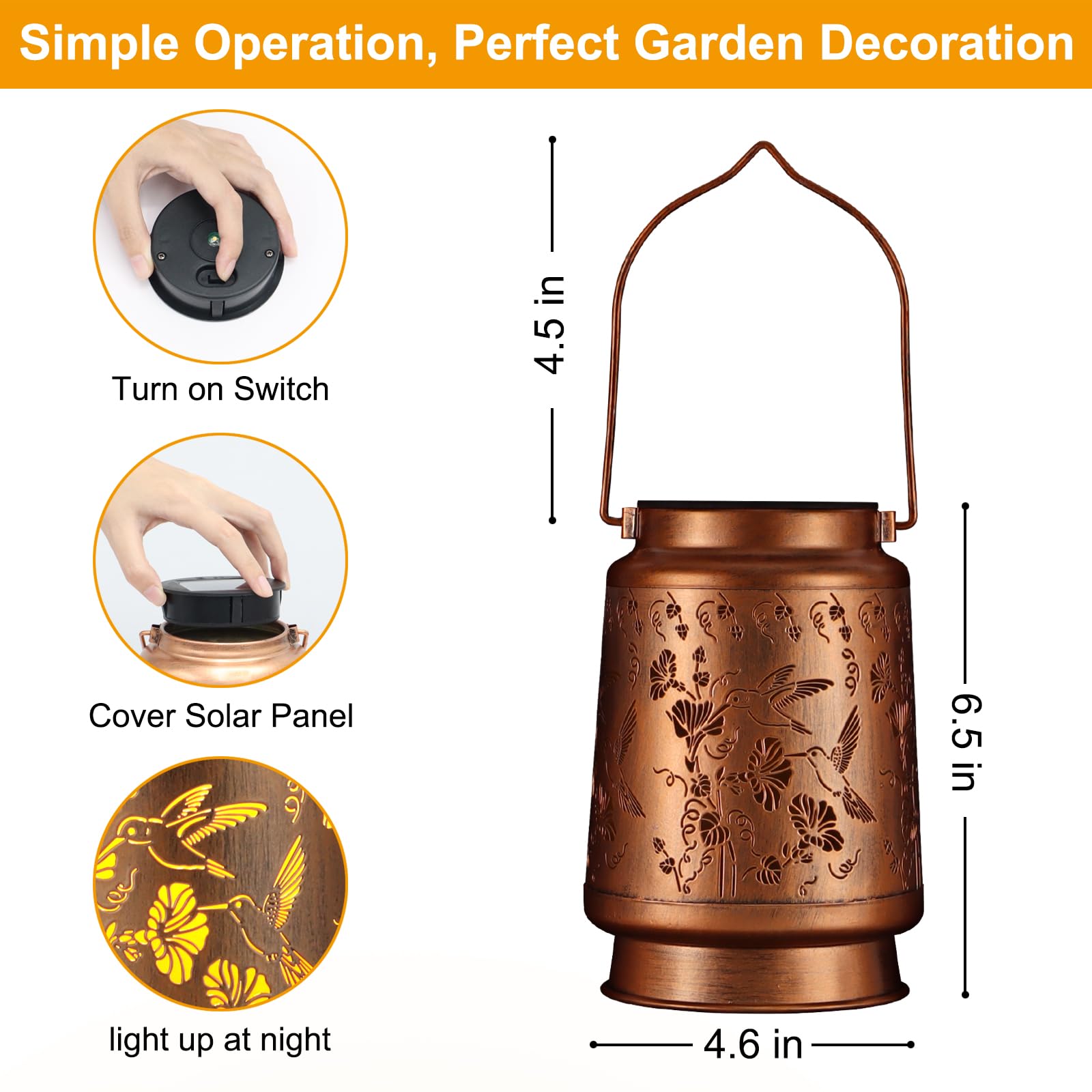 Pawatee Solar Lantern - Outdoor Hanging Waterproof Hummingbird Design, Bronze, 4.33"x4.33"x6.89", Model 605, Perfect for Garden & Patio Decor