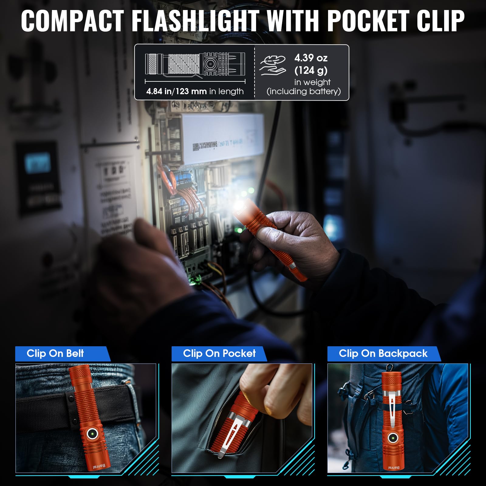 Banral Rechargeable Tactical Flashlight, High Lumens, Mini USB-C, 4 Modes, Waterproof, Aluminum, Model K518, Orange