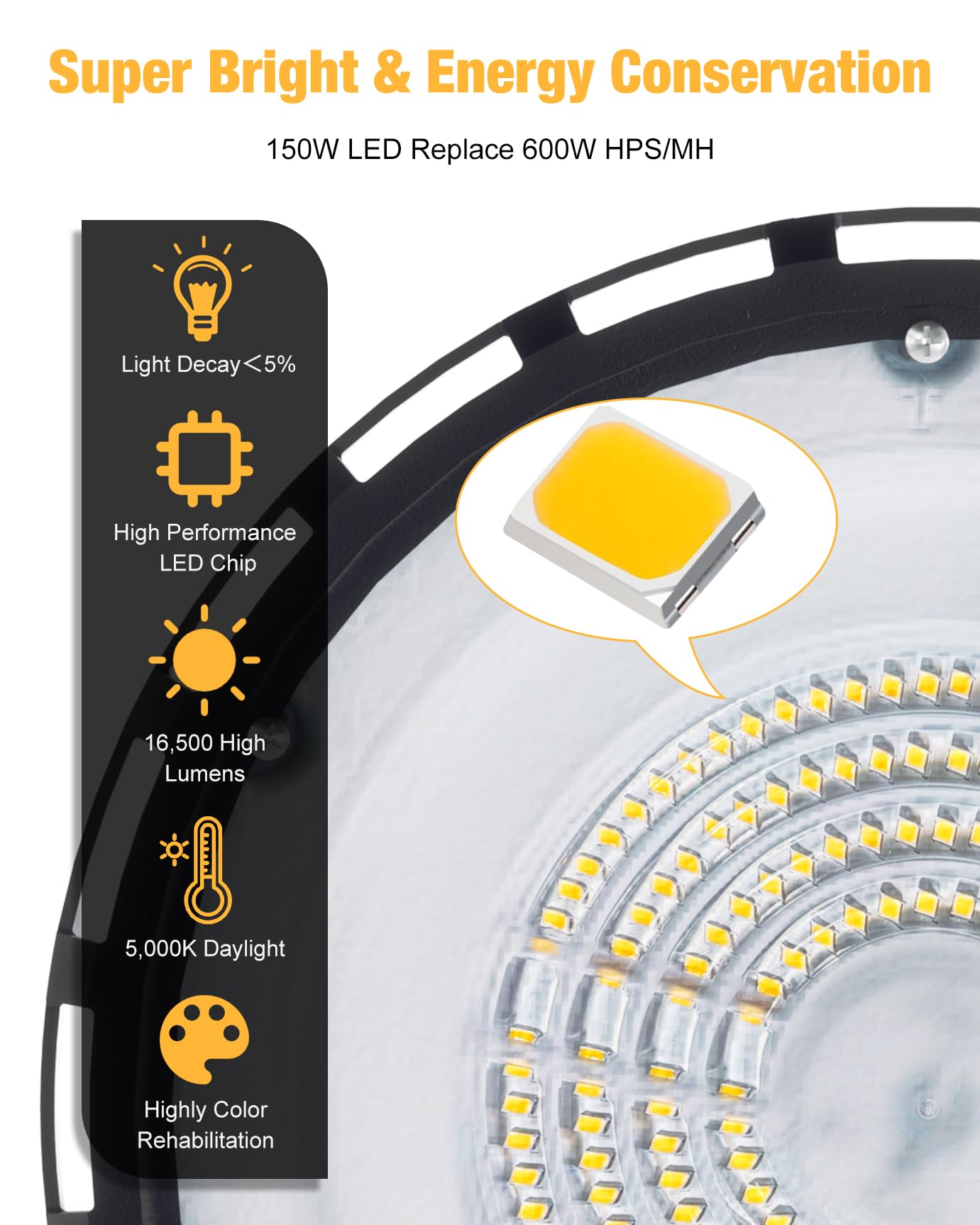JC-LGL 150W UFO LED High Bay Light - 10 Pack, 5000K, Waterproof, UL Listed, Black, Aluminum for Warehouse and Shop