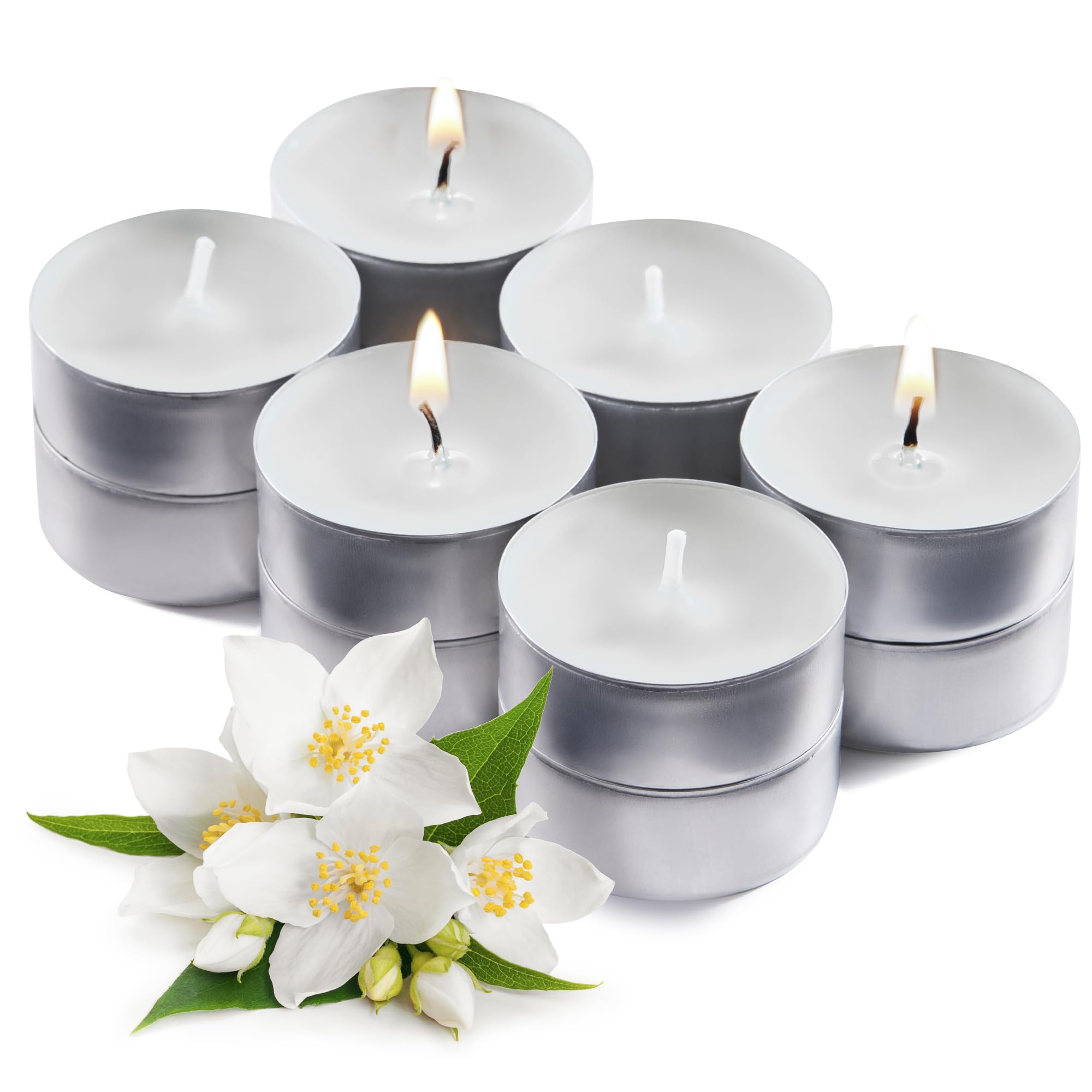White Scented Tealight Candles - Pack of 12 White Tea Light Candles - White Tea Lights Candles with Long Lasting Aromas - Spiritual Jasmin Scented Tea Lights Candles - 4 Hour Burn Time