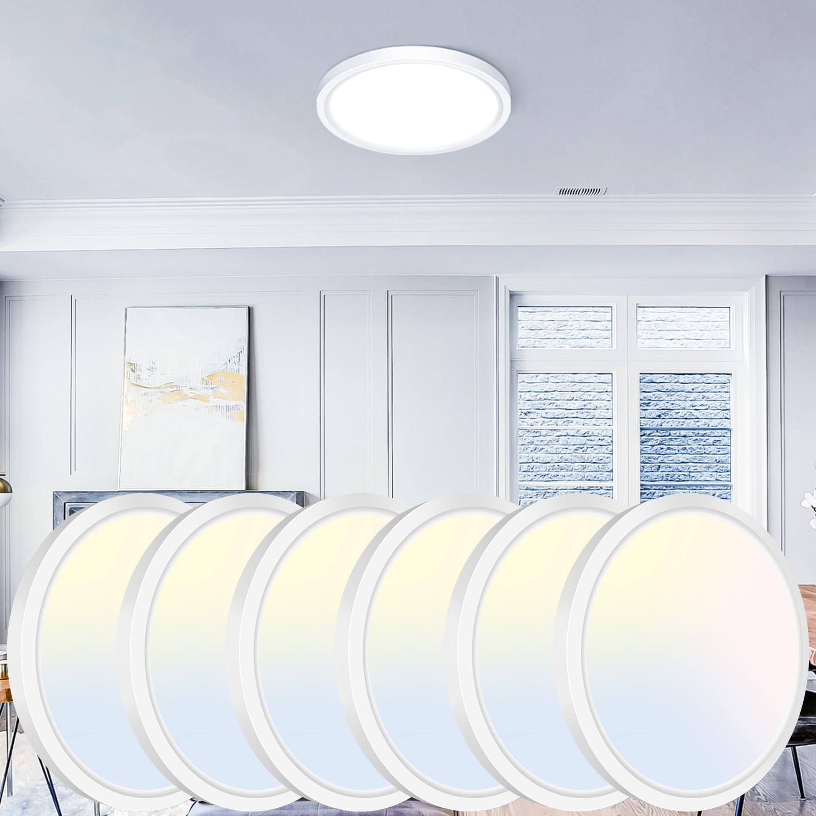 libtit 7 inch Flush Mount LED Ceiling Light Fixture  3000K-6500K Adjustable  15W 1500lm White Satin Round Ceiling Lamp for Bathroom Hallway Kitchen Bedroom  6 Pack