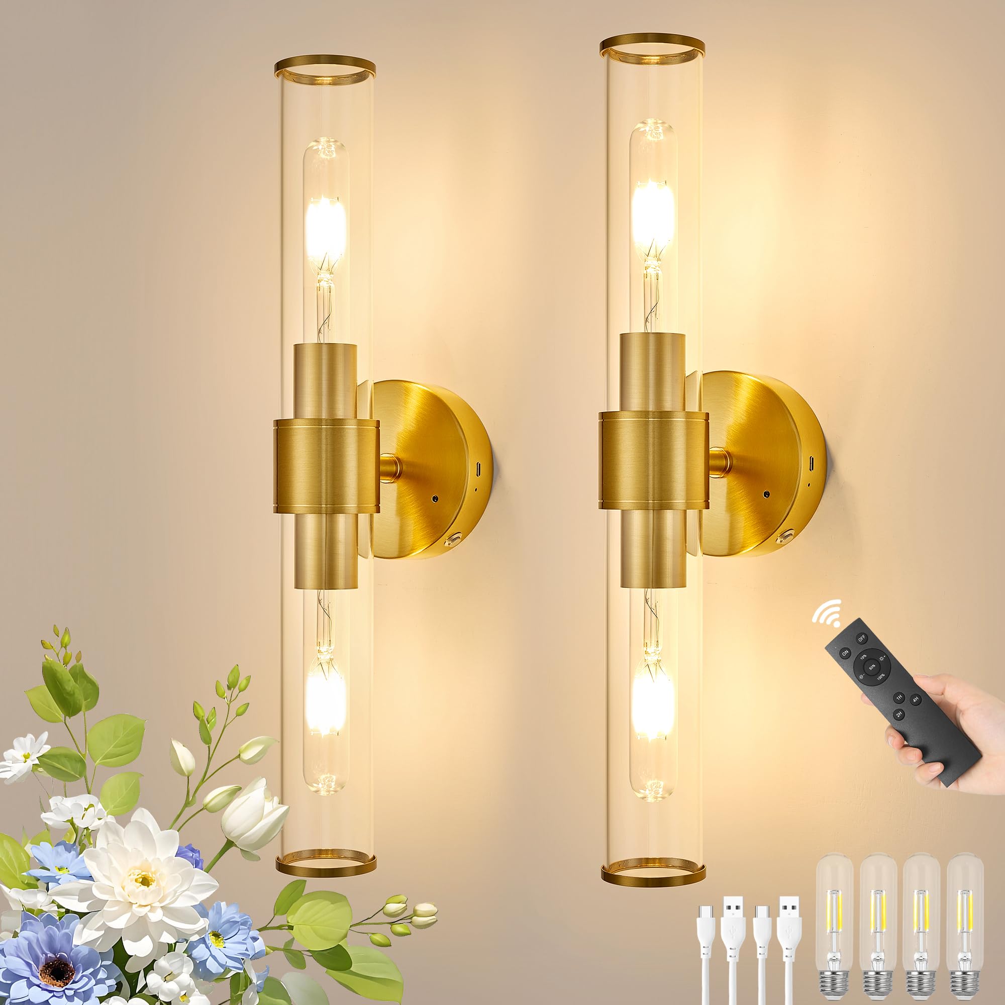 Morauroral Gold Battery Operated Wall Sconces Set of 2, Rechargeable Wall Lights with Remote Control, 20 Inch Modern Wireless Wa