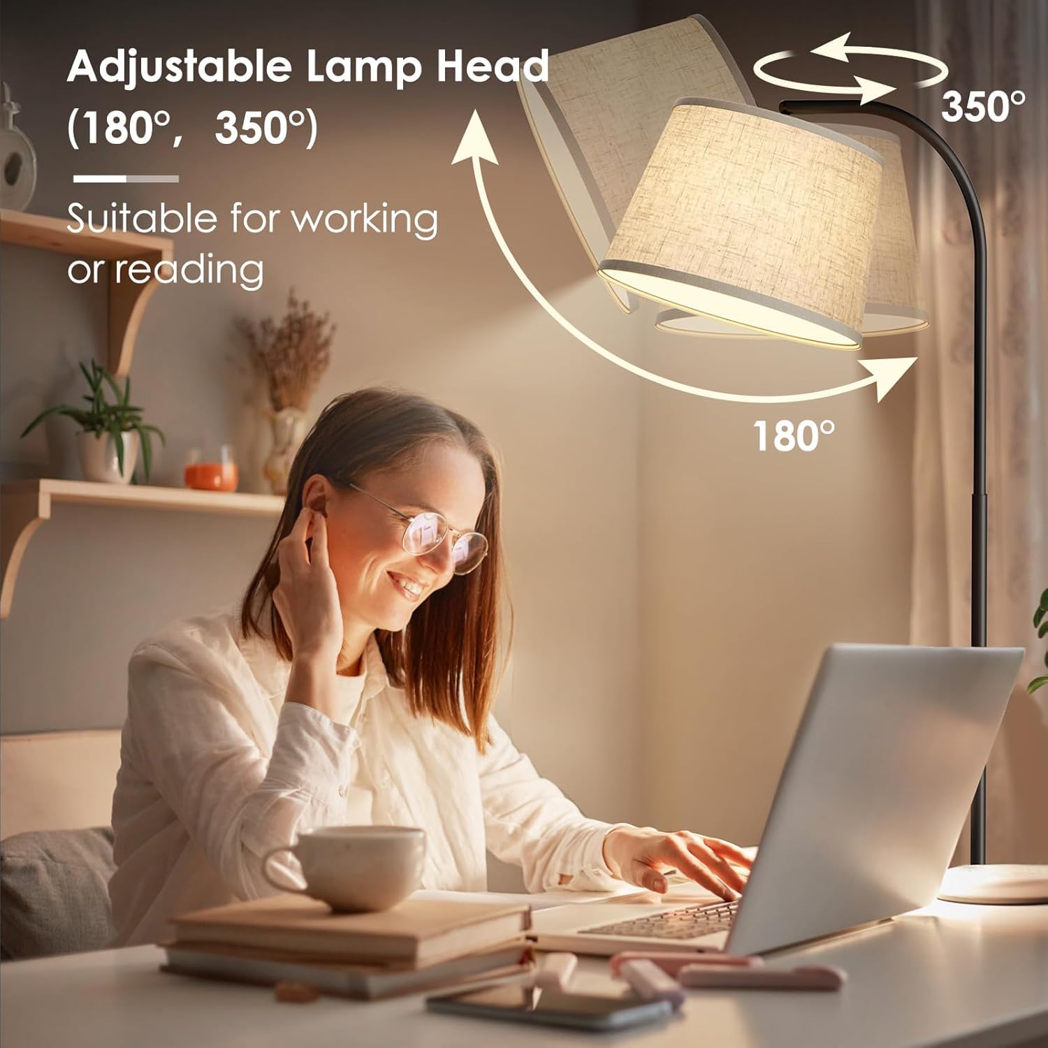 Karjoefar Arc Floor Lamp, 64in Stepless Dimmable, 350° Rotatable Shade, Remote Control, Black, Metal