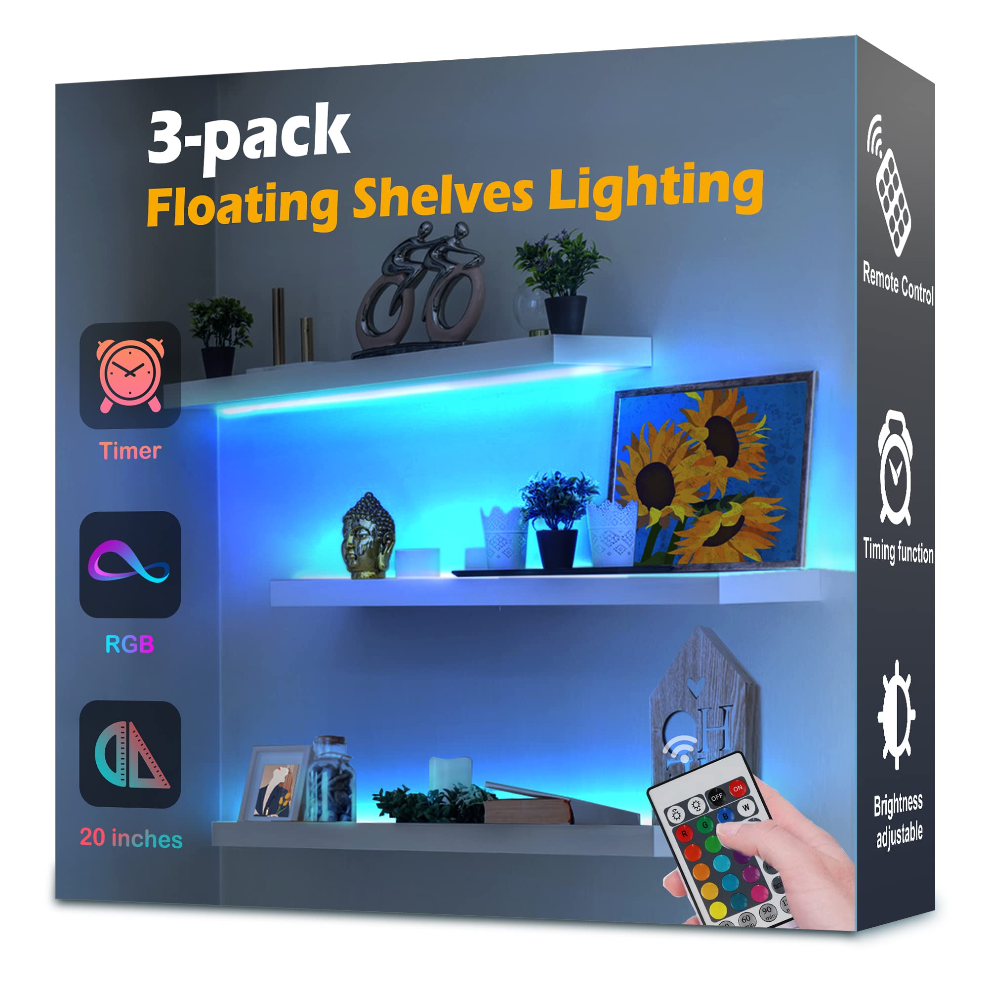 3-Pack Shelf Lights, Upgrade Battery Operated 20Inch Led Strip Lights With Remote, Color Change With Timer Floating Shelves Led Wall Lights, Diy Led Lights For Bedroom, Kitchen, Indoor Room Decor