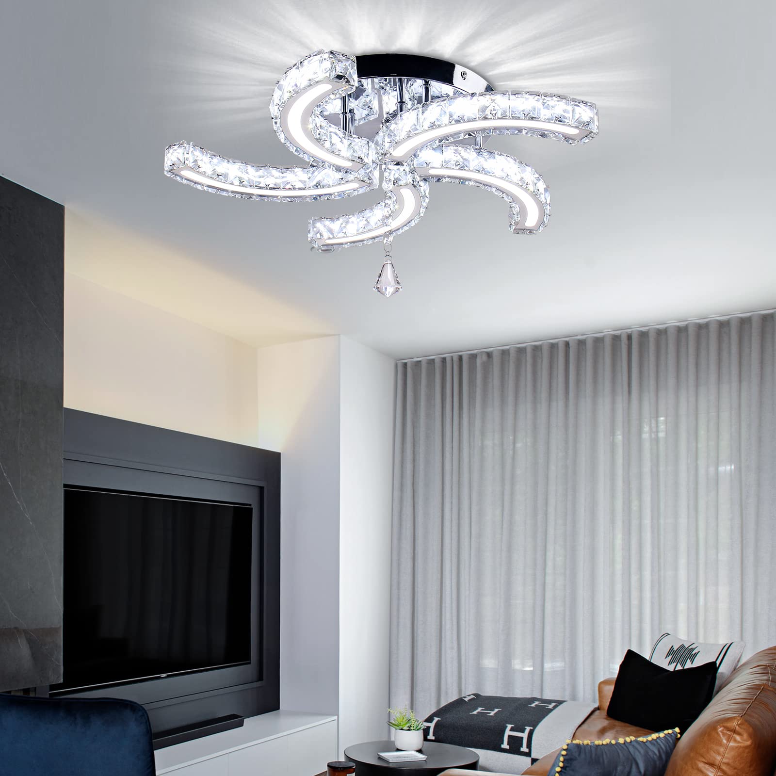Cainjiazh Modern Crystal Chandelier - Acrylic LED Ceiling Light Fixture, 19.7” Cool White, Model MC082 for Living Room, Dining Room, Bedroom