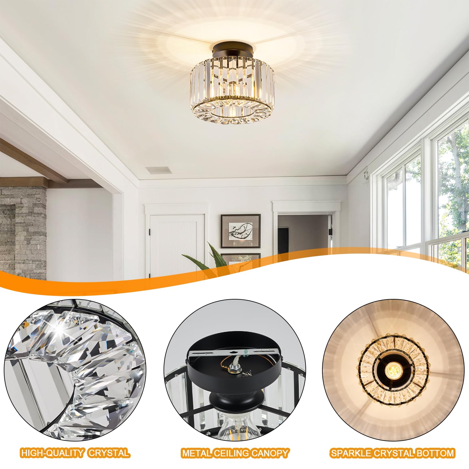 Buxvrcs Crystal Ceiling Light Fixture - Semi Flush Mount Ceiling Light Modern Chandelier Hallway Light Fixtures Ceiling Flush Mo