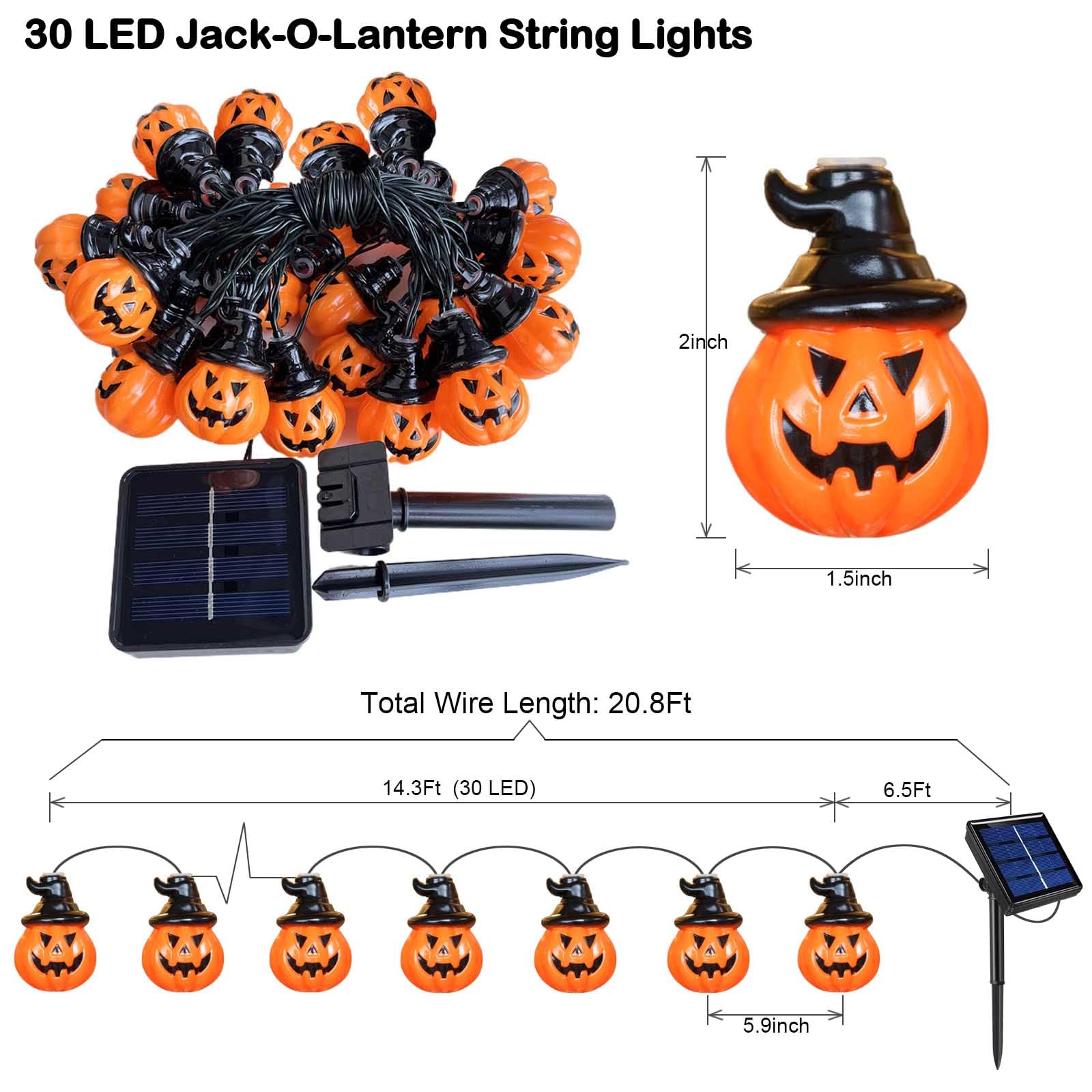 Abkshine Solar Pumpkin Lights String for Halloween, Orange, Plastic, Model ABSK145, Outdoor Yard Decoration